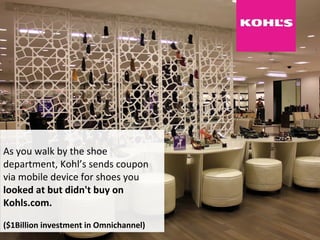  
As	
  you	
  walk	
  by	
  the	
  shoe	
  
department,	
  Kohl’s	
  sends	
  coupon	
  
via	
  mobile	
  device	
  for	
  shoes	
  you	
  
looked	
  at	
  but	
  didn't	
  buy	
  on	
  
Kohls.com.	
  
	
  
($1Billion	
  investment	
  in	
  Omnichannel)	
  
 