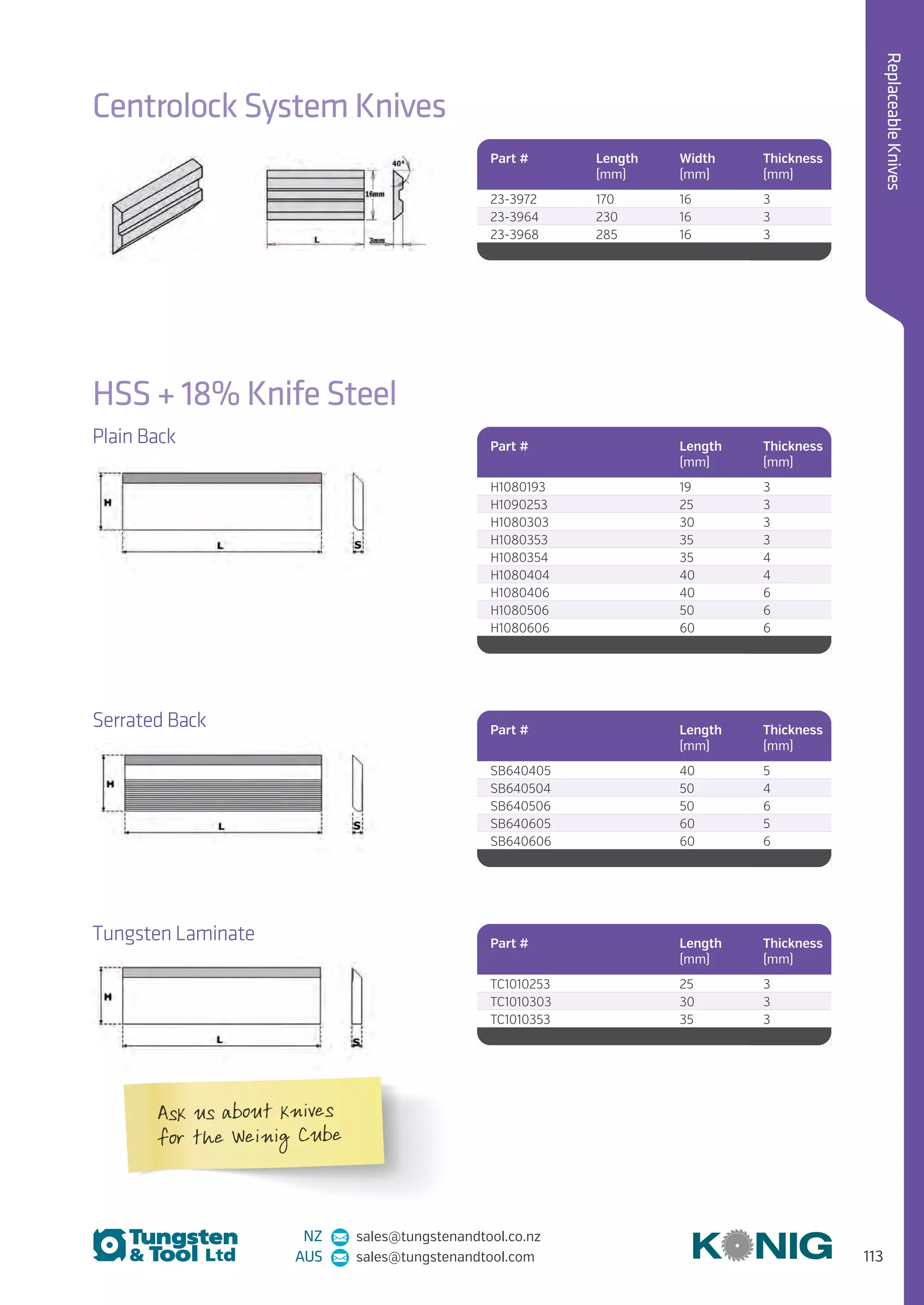 113
ReplaceableKnives
NZ sales@tungstenandtool.co.nz
AUS sales@tungstenandtool.com
Centrolock System Knives
Part # Length
(mm)
Width
(mm)
Thickness
(mm)
23-3972 170 16 3
23-3964 230 16 3
23-3968 285 16 3
HSS + 18% Knife Steel
Part # Length
(mm)
Thickness
(mm)
H1080193 19 3
H1090253 25 3
H1080303 30 3
H1080353 35 3
H1080354 35 4
H1080404 40 4
H1080406 40 6
H1080506 50 6
H1080606 60 6
Plain Back
Part # Length
(mm)
Thickness
(mm)
SB640405 40 5
SB640504 50 4
SB640506 50 6
SB640605 60 5
SB640606 60 6
Serrated Back
Part # Length
(mm)
Thickness
(mm)
TC1010253 25 3
TC1010303 30 3
TC1010353 35 3
Tungsten Laminate
Ask us about knives
for the Weinig Cube
 