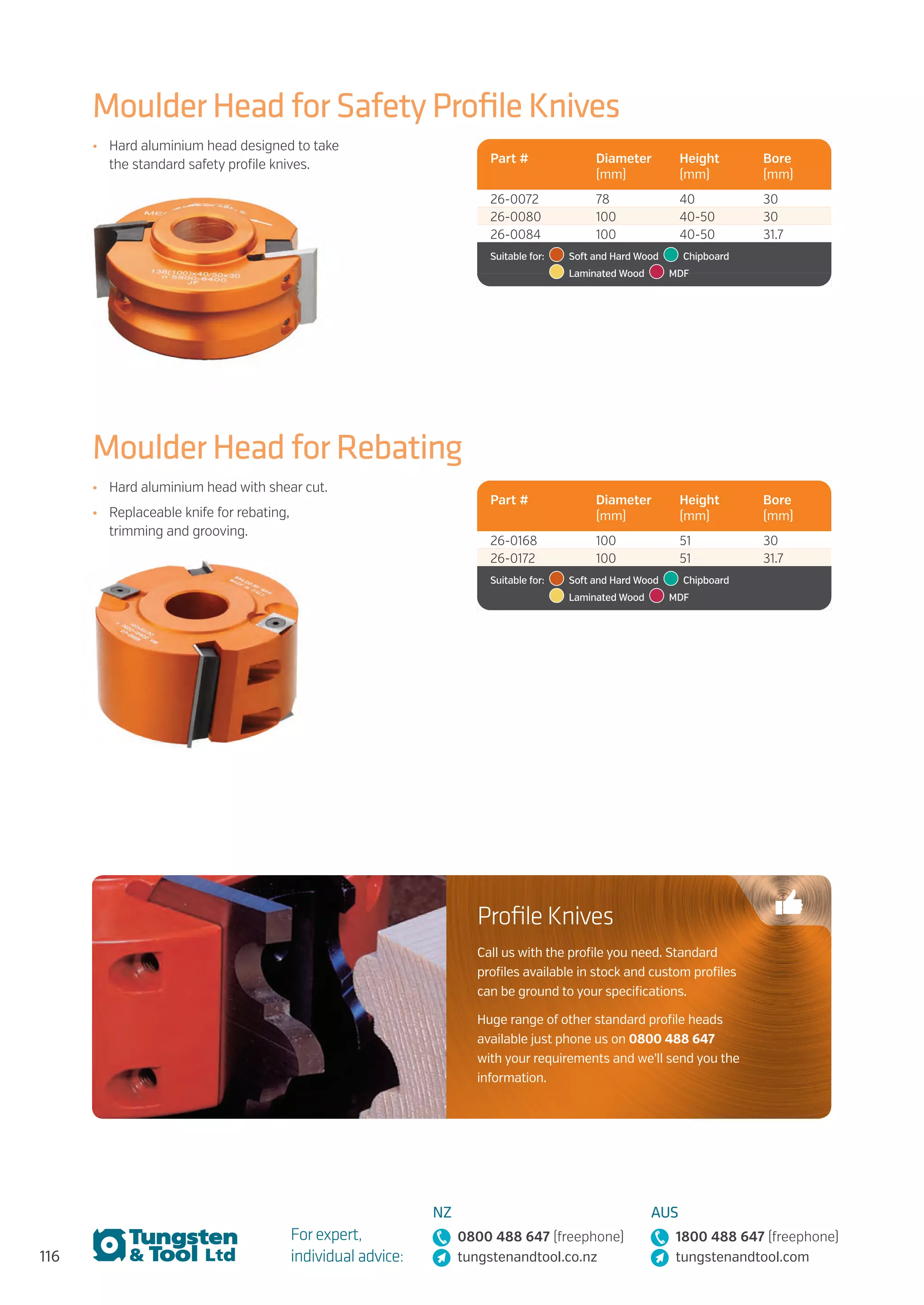 116
For expert,
individual advice:
NZ
0800 488 647 (freephone)
tungstenandtool.co.nz
AUS
1800 488 647 (freephone)
tungstenandtool.com
Moulder Head for Safety Profile Knives
Moulder Head for Rebating
•	 Hard aluminium head designed to take
the standard safety profile knives.
•	 Hard aluminium head with shear cut.
•	 Replaceable knife for rebating,
trimming and grooving.
Part # Diameter
(mm)
Height
(mm)
Bore
(mm)
26-0072 78 40 30
26-0080 100 40-50 30
26-0084 100 40-50 31.7
Suitable for:    Soft and Hard Wood   Chipboard 
  Laminated Wood   MDF
Part # Diameter
(mm)
Height
(mm)
Bore
(mm)
26-0168 100 51 30
26-0172 100 51 31.7
Suitable for:    Soft and Hard Wood   Chipboard 
  Laminated Wood   MDF
Profile Knives
Call us with the profile you need. Standard
profiles available in stock and custom profiles
can be ground to your specifications.
Huge range of other standard profile heads
available just phone us on 0800 488 647
with your requirements and we’ll send you the
information.
 