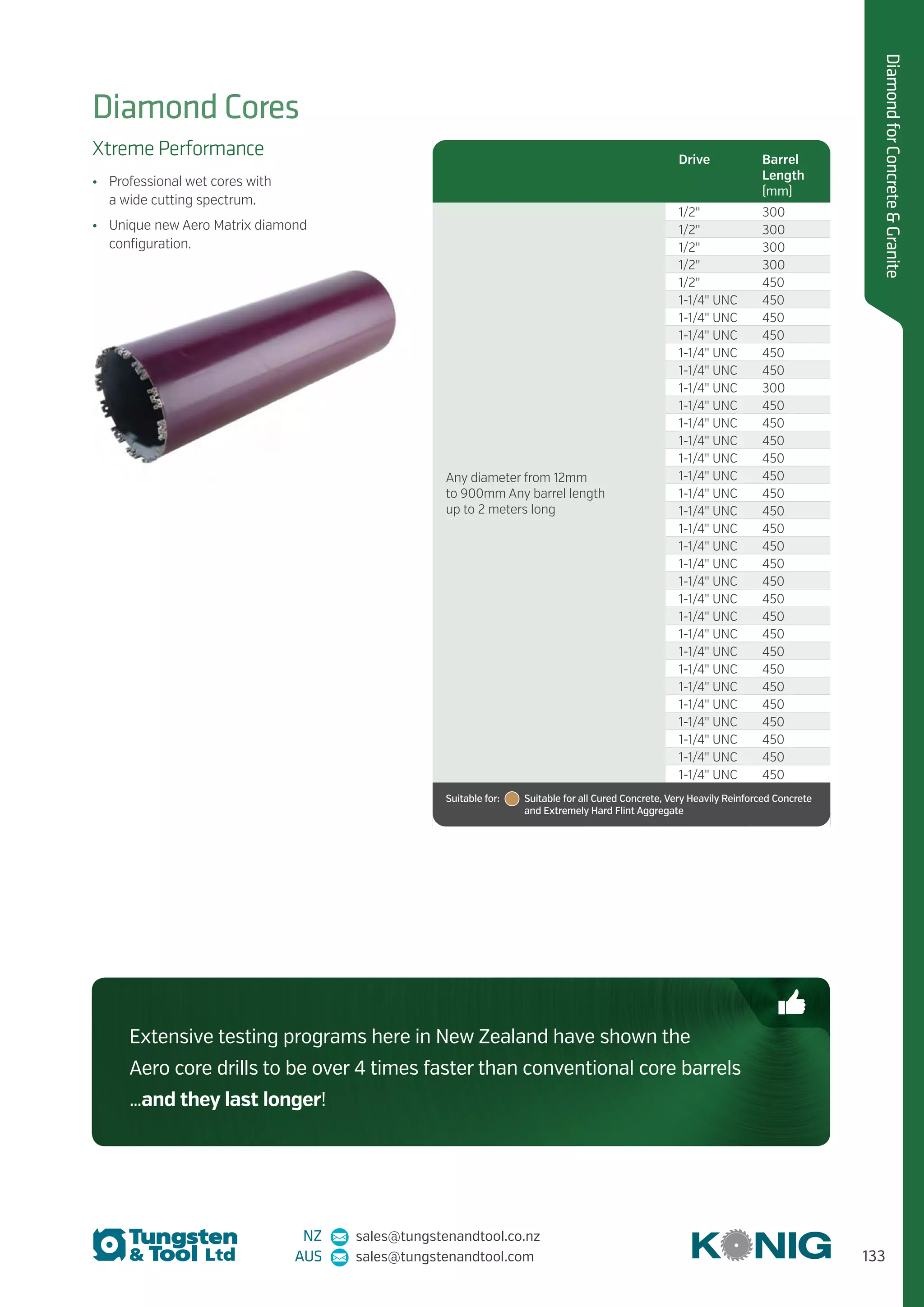 133
DiamondforConcreteGranite
NZ sales@tungstenandtool.co.nz
AUS sales@tungstenandtool.com
Diamond Cores
Xtreme Performance
•	 Professional wet cores with
a wide cutting spectrum.
•	 Unique new Aero Matrix diamond
configuration.
Drive Barrel
Length
(mm)
Any diameter from 12mm
to 900mm Any barrel length
up to 2 meters long
1/2 300
1/2 300
1/2 300
1/2 300
1/2 450
1-1/4 UNC 450
1-1/4 UNC 450
1-1/4 UNC 450
1-1/4 UNC 450
1-1/4 UNC 450
1-1/4 UNC 300
1-1/4 UNC 450
1-1/4 UNC 450
1-1/4 UNC 450
1-1/4 UNC 450
1-1/4 UNC 450
1-1/4 UNC 450
1-1/4 UNC 450
1-1/4 UNC 450
1-1/4 UNC 450
1-1/4 UNC 450
1-1/4 UNC 450
1-1/4 UNC 450
1-1/4 UNC 450
1-1/4 UNC 450
1-1/4 UNC 450
1-1/4 UNC 450
1-1/4 UNC 450
1-1/4 UNC 450
1-1/4 UNC 450
1-1/4 UNC 450
1-1/4 UNC 450
1-1/4 UNC 450
Suitable for:   Suitable for all Cured Concrete, Very Heavily Reinforced Concrete
and Extremely Hard Flint Aggregate
Extensive testing programs here in New Zealand have shown the
Aero core drills to be over 4 times faster than conventional core barrels
…and they last longer!
 