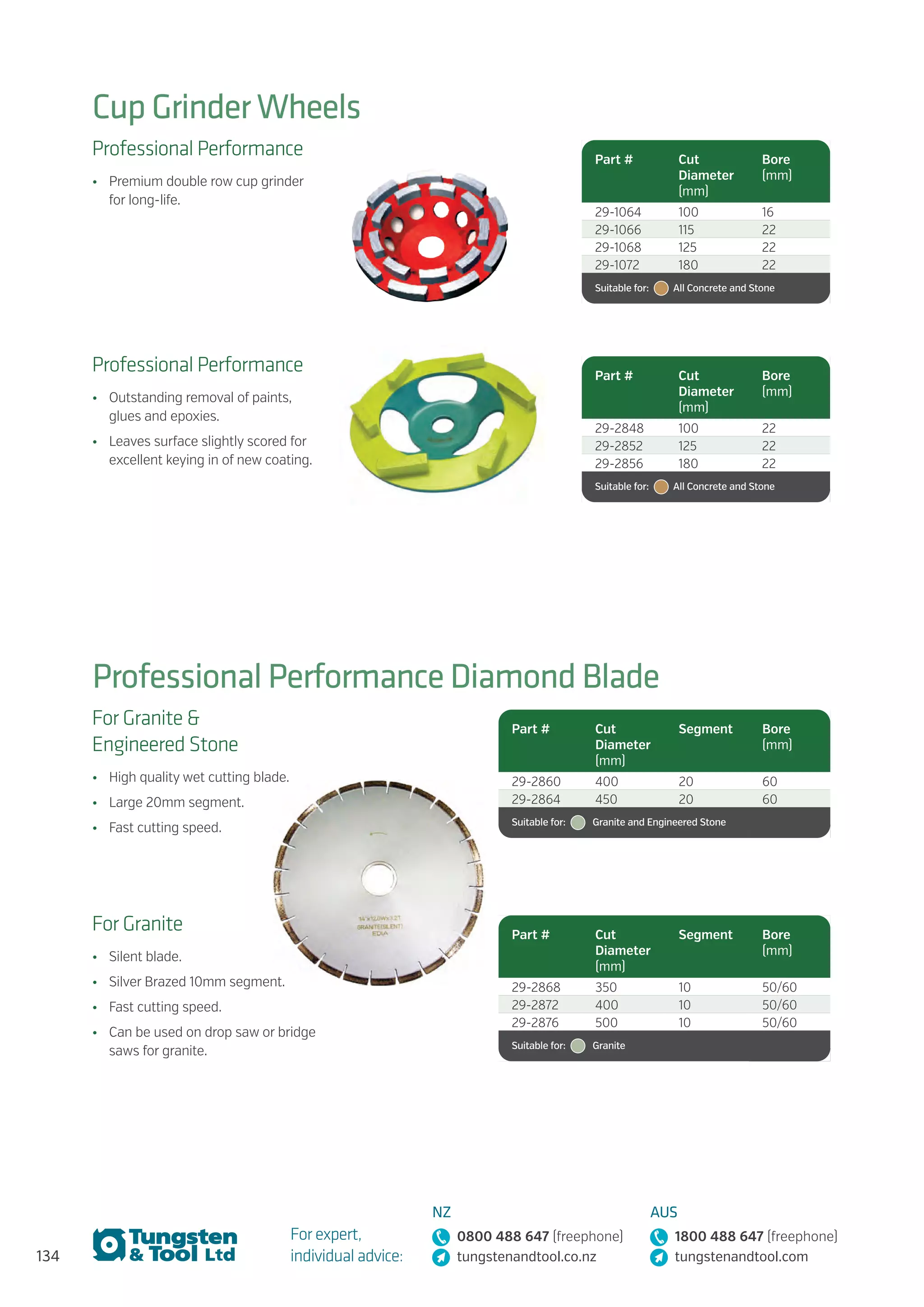134
For expert,
individual advice:
NZ
0800 488 647 (freephone)
tungstenandtool.co.nz
AUS
1800 488 647 (freephone)
tungstenandtool.com
Cup Grinder Wheels
Professional Performance Diamond Blade
Professional Performance
•	 Premium double row cup grinder
for long-life.
Professional Performance
•	 Outstanding removal of paints,
glues and epoxies.
•	 Leaves surface slightly scored for
excellent keying in of new coating.
Part # Cut
Diameter
(mm)
Bore
(mm)
29-1064 100 16
29-1066 115 22
29-1068 125 22
29-1072 180 22
Suitable for:    All Concrete and Stone
Part # Cut
Diameter
(mm)
Bore
(mm)
29-2848 100 22
29-2852 125 22
29-2856 180 22
Suitable for:    All Concrete and Stone
Part # Cut
Diameter
(mm)
Segment Bore
(mm)
29-2860 400 20 60
29-2864 450 20 60
Suitable for:    Granite and Engineered Stone
Part # Cut
Diameter
(mm)
Segment Bore
(mm)
29-2868 350 10 50/60
29-2872 400 10 50/60
29-2876 500 10 50/60
Suitable for:    Granite
For Granite 
Engineered Stone
•	 High quality wet cutting blade.
•	 Large 20mm segment.
•	 Fast cutting speed.
For Granite
•	 Silent blade.
•	 Silver Brazed 10mm segment.
•	 Fast cutting speed.
•	 Can be used on drop saw or bridge
saws for granite.
 