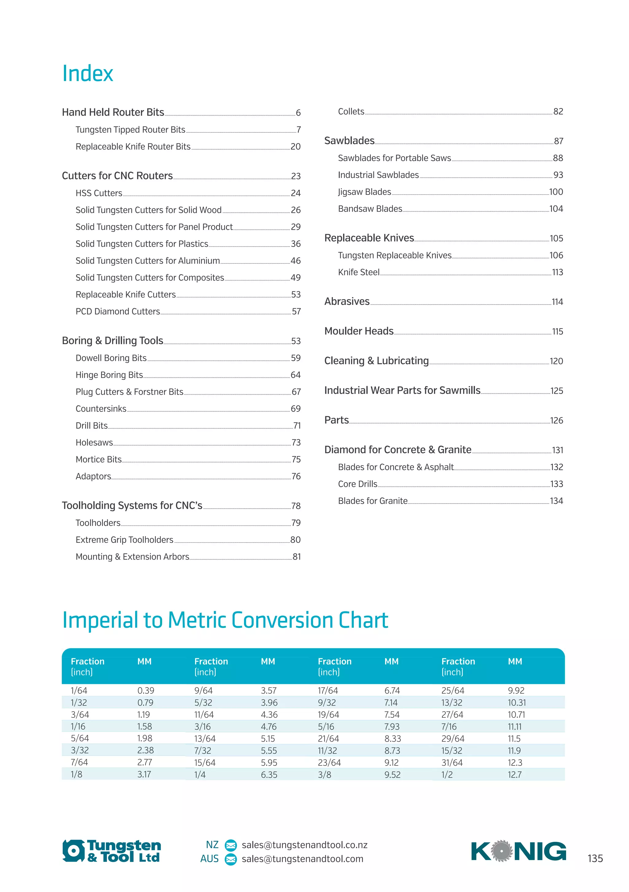 135
NZ sales@tungstenandtool.co.nz
AUS sales@tungstenandtool.com
Hand Held Router Bits...........................................................................................................................6
	 Tungsten Tipped Router Bits........................................................................................................7
	 Replaceable Knife Router Bits.............................................................................................20
Cutters for CNC Routers...............................................................................................................23
	 HSS Cutters............................................................................................................................................................. 24
	 Solid Tungsten Cutters for Solid Wood................................................................ 26
	 Solid Tungsten Cutters for Panel Product...................................................... 29
	 Solid Tungsten Cutters for Plastics............................................................................. 36
	 Solid Tungsten Cutters for Aluminium..................................................................46
	 Solid Tungsten Cutters for Composites..............................................................49
	 Replaceable Knife Cutters............................................................................................................53
	 PCD Diamond Cutters...........................................................................................................................57
Boring  Drilling Tools........................................................................................................................53
	 Dowell Boring Bits...................................................................................................................................... 59
	 Hinge Boring Bits..........................................................................................................................................64
	 Plug Cutters  Forstner Bits.....................................................................................................67
	Countersinks.........................................................................................................................................................69
	 Drill Bits..............................................................................................................................................................................71
	Holesaws.......................................................................................................................................................................73
	 Mortice Bits...............................................................................................................................................................75
	Adaptors........................................................................................................................................................................76
Toolholding Systems for CNC’s...................................................................................78
	Toolholders................................................................................................................................................................79
	 Extreme Grip Toolholders.............................................................................................................80
	 Mounting  Extension Arbors.................................................................................................81
	Collets................................................................................................................................................................................82
Sawblades.......................................................................................................................................................................87
	 Sawblades for Portable Saws...............................................................................................88
	 Industrial Sawblades............................................................................................................................. 93
	 Jigsaw Blades....................................................................................................................................................100
	 Bandsaw Blades..........................................................................................................................................104
Replaceable Knives...............................................................................................................................105
	 Tungsten Replaceable Knives............................................................................................106
	 Knife Steel.................................................................................................................................................................113
Abrasives..........................................................................................................................................................................114
Moulder Heads.................................................................................................................................................... 115
Cleaning  Lubricating.................................................................................................................120
Industrial Wear Parts for Sawmills..................................................................125
Parts............................................................................................................................................................................................126
Diamond for Concrete  Granite...........................................................................131
	 Blades for Concrete  Asphalt...........................................................................................132
	 Core Drills..................................................................................................................................................................133
	 Blades for Granite..................................................................................................................................... 134
Index
Fraction
(inch)
MM
1/64 0.39
1/32 0.79
3/64 1.19
1/16 1.58
5/64 1.98
3/32 2.38
7/64 2.77
1/8 3.17
Fraction
(inch)
MM
9/64 3.57
5/32 3.96
11/64 4.36
3/16 4.76
13/64 5.15
7/32 5.55
15/64 5.95
1/4 6.35
Fraction
(inch)
MM
17/64 6.74
9/32 7.14
19/64 7.54
5/16 7.93
21/64 8.33
11/32 8.73
23/64 9.12
3/8 9.52
Fraction
(inch)
MM
25/64 9.92
13/32 10.31
27/64 10.71
7/16 11.11
29/64 11.5
15/32 11.9
31/64 12.3
1/2 12.7
Imperial to Metric Conversion Chart
Cutting-edge service.
Spot-on solutions. Sharper results.
Tungsten  Tool supplies high-performance cutting tools and personalised support so you
achieve superior results with maximum efficiency.
Backed by 30 years’ industry experience, we work closely
with clients across New Zealand and Australia – from joiners,
kitchen manufacturers and sawmills to plastic, aluminium,
composites and concrete cutters.
Our state-of-the-art products are truly superior with a
comprehensive range of renowned global brands as well as
our own specially developed premium brand – KONIG.
We offer precision cutting tools for almost any material and
application and enjoy close associations with specialist
international cutting labs. It’s all part of our commitment to
delivering premium, cost-effective options from home and
across the world.
But our reputation extends well beyond product quality and
reliability. We’re here to ensure you get the right products as
well as the best products.
Our real hallmark is providing you with expert, individual advice
based on true technical insight – so you get solutions that
perfectly match your job, purpose and ongoing demands.
For expert,
individual advice:
NZ
0800 488 647 (freephone)
tungstenandtool.co.nz
AUS
1800 488 647 (freephone)
tungstenandtool.com2
 