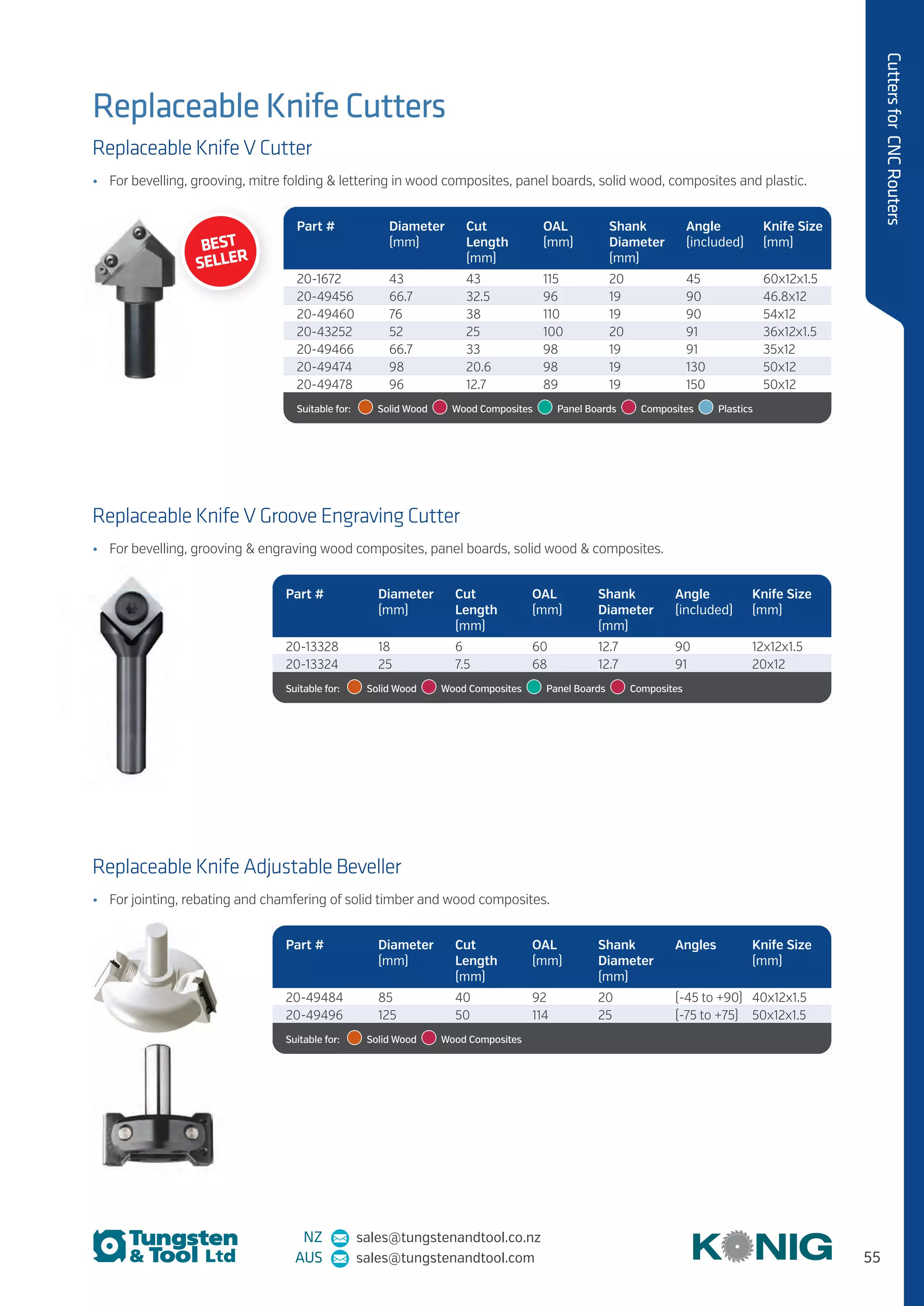 55
CuttersforCNCRouters
NZ sales@tungstenandtool.co.nz
AUS sales@tungstenandtool.com
Replaceable Knife V Cutter
•	 For bevelling, grooving, mitre folding  lettering in wood composites, panel boards, solid wood, composites and plastic.
Replaceable Knife V Groove Engraving Cutter
•	 For bevelling, grooving  engraving wood composites, panel boards, solid wood  composites.
Replaceable Knife Adjustable Beveller
•	 For jointing, rebating and chamfering of solid timber and wood composites.
Part # Diameter
(mm)
Cut
Length
(mm)
OAL
(mm)
Shank
Diameter
(mm)
Angle
(included)
Knife Size
(mm)
20-1672 43 43 115 20 45 60x12x1.5
20-49456 66.7 32.5 96 19 90 46.8x12
20-49460 76 38 110 19 90 54x12
20-43252 52 25 100 20 91 36x12x1.5
20-49466 66.7 33 98 19 91 35x12
20-49474 98 20.6 98 19 130 50x12
20-49478 96 12.7 89 19 150 50x12
Suitable for:    Solid Wood    Wood Composites    Panel Boards   Composites   Plastics
Part # Diameter
(mm)
Cut
Length
(mm)
OAL
(mm)
Shank
Diameter
(mm)
Angle
(included)
Knife Size
(mm)
20-13328 18 6 60 12.7 90 12x12x1.5
20-13324 25 7.5 68 12.7 91 20x12
Suitable for:    Solid Wood    Wood Composites    Panel Boards   Composites 
Part # Diameter
(mm)
Cut
Length
(mm)
OAL
(mm)
Shank
Diameter
(mm)
Angles Knife Size
(mm)
20-49484 85 40 92 20 (-45 to +90) 40x12x1.5
20-49496 125 50 114 25 (-75 to +75) 50x12x1.5
Suitable for:    Solid Wood    Wood Composites 
Replaceable Knife Cutters
BEST
SELLER
 