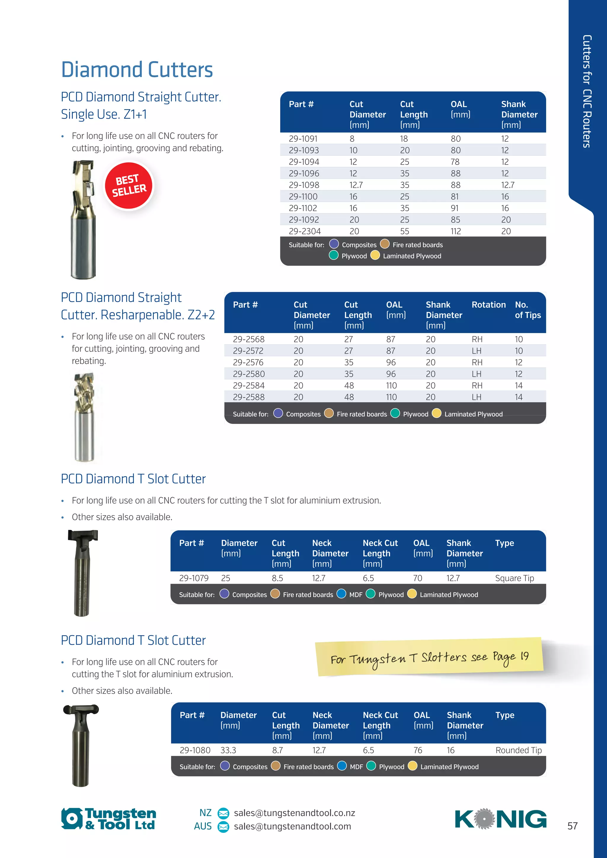 57
CuttersforCNCRouters
NZ sales@tungstenandtool.co.nz
AUS sales@tungstenandtool.com
PCD Diamond Straight Cutter.
Single Use. Z1+1
•	 For long life use on all CNC routers for
cutting, jointing, grooving and rebating.
PCD Diamond Straight
Cutter. Resharpenable. Z2+2
•	 For long life use on all CNC routers
for cutting, jointing, grooving and
rebating.
Part # Cut
Diameter
(mm)
Cut
Length
(mm)
OAL
(mm)
Shank
Diameter
(mm)
29-1091 8 18 80 12
29-1093 10 20 80 12
29-1094 12 25 78 12
29-1096 12 35 88 12
29-1098 12.7 35 88 12.7
29-1100 16 25 81 16
29-1102 16 35 91 16
29-1092 20 25 85 20
29-2304 20 55 112 20
Suitable for:   Composites    Fire rated boards 
	  Plywood    Laminated Plywood
Part # Cut
Diameter
(mm)
Cut
Length
(mm)
OAL
(mm)
Shank
Diameter
(mm)
Rotation No.
of Tips
29-2568 20 27 87 20 RH 10
29-2572 20 27 87 20 LH 10
29-2576 20 35 96 20 RH 12
29-2580 20 35 96 20 LH 12
29-2584 20 48 110 20 RH 14
29-2588 20 48 110 20 LH 14
Suitable for:   Composites    Fire rated boards   Plywood    Laminated Plywood
PCD Diamond T Slot Cutter
•	 For long life use on all CNC routers for cutting the T slot for aluminium extrusion.
•	 Other sizes also available.
Part # Diameter
(mm)
Cut
Length
(mm)
Neck
Diameter
(mm)
Neck Cut
Length
(mm)
OAL
(mm)
Shank
Diameter
(mm)
Type
29-1079 25 8.5 12.7 6.5 70 12.7 Square Tip
Suitable for:   Composites    Fire rated boards   MDF   Plywood    Laminated Plywood
PCD Diamond T Slot Cutter
•	 For long life use on all CNC routers for
cutting the T slot for aluminium extrusion.
•	 Other sizes also available.
Part # Diameter
(mm)
Cut
Length
(mm)
Neck
Diameter
(mm)
Neck Cut
Length
(mm)
OAL
(mm)
Shank
Diameter
(mm)
Type
29-1080 33.3 8.7 12.7 6.5 76 16 Rounded Tip
Suitable for:   Composites    Fire rated boards   MDF   Plywood    Laminated Plywood
Diamond Cutters
BEST
SELLER
For Tungsten T Slotters see Page 19
 