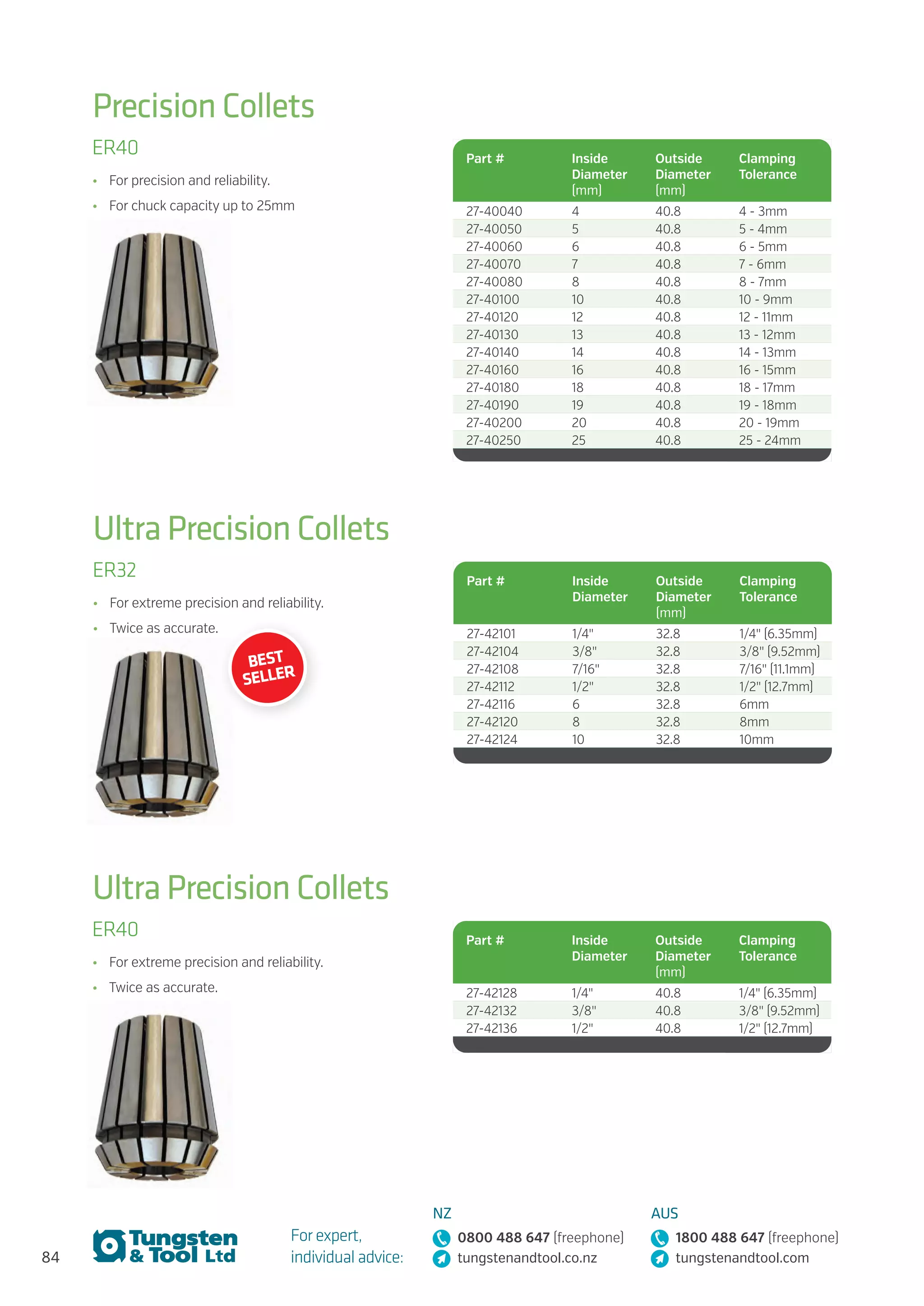 84
For expert,
individual advice:
NZ
0800 488 647 (freephone)
tungstenandtool.co.nz
AUS
1800 488 647 (freephone)
tungstenandtool.com
Ultra Precision Collets
ER32
•	 For extreme precision and reliability.
•	 Twice as accurate.
Part # Inside
Diameter
Outside
Diameter
(mm)
Clamping
Tolerance
27-42101 1/4 32.8 1/4 (6.35mm)
27-42104 3/8 32.8 3/8 (9.52mm)
27-42108 7/16 32.8 7/16 (11.1mm)
27-42112 1/2 32.8 1/2 (12.7mm)
27-42116 6 32.8 6mm
27-42120 8 32.8 8mm
27-42124 10 32.8 10mm
Precision Collets
ER40
•	 For precision and reliability.
•	 For chuck capacity up to 25mm
Part # Inside
Diameter
(mm)
Outside
Diameter
(mm)
Clamping
Tolerance
27-40040 4 40.8 4 - 3mm
27-40050 5 40.8 5 - 4mm
27-40060 6 40.8 6 - 5mm
27-40070 7 40.8 7 - 6mm
27-40080 8 40.8 8 - 7mm
27-40100 10 40.8 10 - 9mm
27-40120 12 40.8 12 - 11mm
27-40130 13 40.8 13 - 12mm
27-40140 14 40.8 14 - 13mm
27-40160 16 40.8 16 - 15mm
27-40180 18 40.8 18 - 17mm
27-40190 19 40.8 19 - 18mm
27-40200 20 40.8 20 - 19mm
27-40250 25 40.8 25 - 24mm
Ultra Precision Collets
ER40
•	 For extreme precision and reliability.
•	 Twice as accurate.
Part # Inside
Diameter
Outside
Diameter
(mm)
Clamping
Tolerance
27-42128 1/4 40.8 1/4 (6.35mm)
27-42132 3/8 40.8 3/8 (9.52mm)
27-42136 1/2 40.8 1/2 (12.7mm)
BEST
SELLER
 