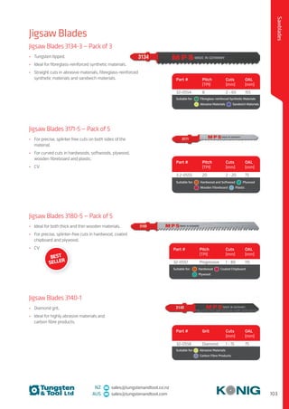 103
Sawblades
NZ sales@tungstenandtool.co.nz
AUS sales@tungstenandtool.com
Jigsaw Blades
Jigsaw Blades 3134-3 — Pack of 3
•	 Tungsten tipped.
•	 Ideal for fibreglass-reinforced synthetic materials.
•	 Straight cuts in abrasive materials, fibreglass-reinforced
synthetic materials and sandwich materials. Part # Pitch
(TPI)
Cuts
(mm)
OAL
(mm)
32-0554 8 2 - 65 155
Suitable for:	   Fibreglass-reinforced Synthetic Materials 
	   Abrasive Materials    Sandwich Materials
Jigsaw Blades 3171-5 — Pack of 5
•	 For precise, splinter free cuts on both sides of the
material.
•	 For curved cuts in hardwoods, softwoods, plywood,
wooden fibreboard and plastic.
•	 CV
Part # Pitch
(TPI)
Cuts
(mm)
OAL
(mm)
3 2-0555 20 2 - 20 75
Suitable for:	   Hardwood and Softwood   Plywood 
	   Wooden Fibreboard   Plastic
Jigsaw Blades 3180-5 — Pack of 5
•	 Ideal for both thick and thin wooden materials.
•	 For precise, splinter-free cuts in hardwood, coated
chipboard and plywood.
•	 CV Part # Pitch
(TPI)
Cuts
(mm)
OAL
(mm)
32-0557 Progressive 1 - 80 115
Suitable for:	  Hardwood    Coated Chipboard 
	  Plywood
Jigsaw Blades 3140-1
•	 Diamond grit.
•	 Ideal for highly abrasive materials and
carbon fibre products.
Part # Grit Cuts
(mm)
OAL
(mm)
32-0558 Diamond 1 - 15 75
Suitable for:	   Abrasive Materials 
	   Carbon Fibre Products
BEST
SELLER
 