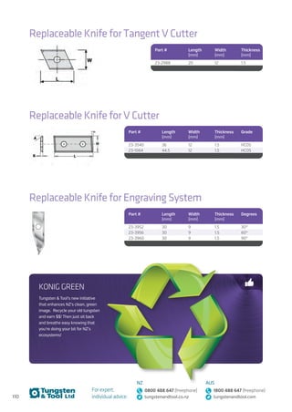 110
For expert,
individual advice:
NZ
0800 488 647 (freephone)
tungstenandtool.co.nz
AUS
1800 488 647 (freephone)
tungstenandtool.com
Replaceable Knife for V Cutter
Part # Length
(mm)
Width
(mm)
Thickness
(mm)
Grade
23-3540 36 12 1.5 HC05
23-1064 44.5 12 1.5 HC05
Replaceable Knife for Engraving System
Part # Length
(mm)
Width
(mm)
Thickness
(mm)
Degrees
23-3952 30 9 1.5 30°
23-3956 30 9 1.5 60°
23-3960 30 9 1.5 90°
Replaceable Knife for Tangent V Cutter
Part # Length
(mm)
Width
(mm)
Thickness
(mm)
23-2988 20 12 1.5
KONIG GREEN
Tungsten  Tool’s new initiative
that enhances NZ’s clean, green
image. Recycle your old tungsten
and earn $$! Then just sit back
and breathe easy knowing that
you’re doing your bit for NZ’s
ecosystems!
 