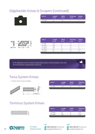 112
For expert,
individual advice:
NZ
0800 488 647 (freephone)
tungstenandtool.co.nz
AUS
1800 488 647 (freephone)
tungstenandtool.com
Part # Length
(mm)
Width
(mm)
Thickness
(mm)
Radius
(mm)
23-3756 20 16.2 2 2
Part # Length
(mm)
Width
(mm)
Thickness
(mm)
Radius
(mm)
23-3312 19.5 9 1.5 2
23-3316 19.5 9 1.5 3
23-3320 19.5 9 1.5 5
23-3324 24 12 1.5 6.4
23-3332 24 12 1.5 8
Edgebander Knives  Scrapers (continued)
Tersa System Knives
Part # Length
(mm)
Width
(mm)
Thickness
(mm)
23-3976 235 10 2.3
Terminus System Knives
Part # Length
(mm)
Width
(mm)
Thickness
(mm)
23-3980 60 14 2.55
23-3984 230 14 2.55
•	 Cutstom sizes are also available.
As the edgebander knives constantly change please contact us with the details of your knife.
The knives listed are a representative range only.
 
