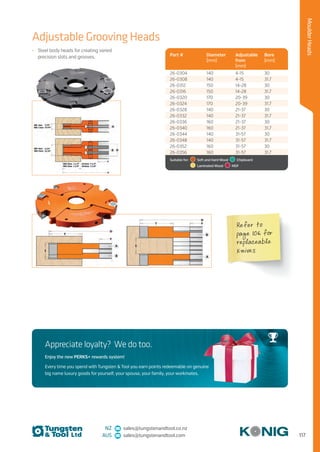117
MoulderHeads
NZ sales@tungstenandtool.co.nz
AUS sales@tungstenandtool.com
Adjustable Grooving Heads
•	 Steel body heads for creating varied
precision slots and grooves. Part # Diameter
(mm)
Adjustable
from
(mm)
Bore
(mm)
26-0304 140 4-15 30
26-0308 140 4-15 31.7
26-0312 150 14-28 30
26-0316 150 14-28 31.7
26-0320 170 20-39 30
26-0324 170 20-39 31.7
26-0328 140 21-37 30
26-0332 140 21-37 31.7
26-0336 160 21-37 30
26-0340 160 21-37 31.7
26-0344 140 31-57 30
26-0348 140 31-57 31.7
26-0352 160 31-57 30
26-0356 160 31-57 31.7
Suitable for:    Soft and Hard Wood   Chipboard 
  Laminated Wood   MDF
Appreciate loyalty? We do too.
Enjoy the new PERKS+ rewards system!
Every time you spend with Tungsten  Tool you earn points redeemable on genuine
big name luxury goods for yourself, your spouse, your family, your workmates.
Refer to
page 106 for
replaceable
knives
 