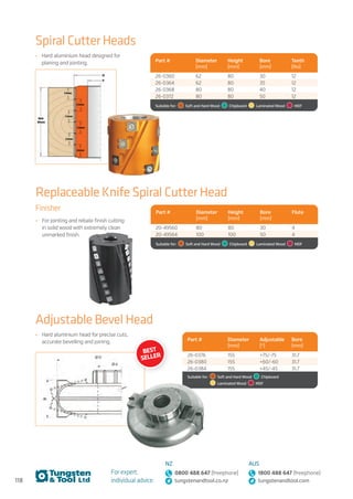 118
For expert,
individual advice:
NZ
0800 488 647 (freephone)
tungstenandtool.co.nz
AUS
1800 488 647 (freephone)
tungstenandtool.com
Adjustable Bevel Head
•	 Hard aluminium head for precise cuts,
accurate bevelling and joining. Part # Diameter
(mm)
Adjustable
(°)
Bore
(mm)
26-0376 155 +75/-75 31.7
26-0380 155 +60/-60 31.7
26-0384 155 +45/-45 31.7
Suitable for:    Soft and Hard Wood   Chipboard 
  Laminated Wood   MDF
Spiral Cutter Heads
•	 Hard aluminium head designed for
planing and jointing. Part # Diameter
(mm)
Height
(mm)
Bore
(mm)
Teeth
(No)
26-0360 62 80 30 12
26-0364 62 80 35 12
26-0368 80 80 40 12
26-0372 80 80 50 12
Suitable for:    Soft and Hard Wood   Chipboard    Laminated Wood   MDF
Replaceable Knife Spiral Cutter Head
Finisher
•	 For jointing and rebate finish cutting
in solid wood with extremely clean
unmarked finish.
Part # Diameter
(mm)
Height
(mm)
Bore
(mm)
Flute
20-49560 80 80 30 4
20-49564 100 100 50 4
Suitable for:    Soft and Hard Wood   Chipboard    Laminated Wood   MDF
BEST
SELLER
 