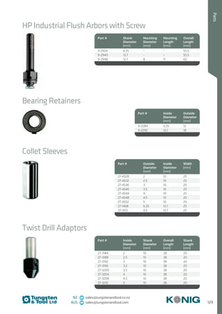 129
Parts
NZ sales@tungstenandtool.co.nz
AUS sales@tungstenandtool.com
HP Industrial Flush Arbors with Screw
Part # Shank
Diameter
(mm)
Mounting
Diameter
(mm)
Mounting
Length
(mm)
Overall
Length
(mm)
9-2924 6.35 - - 55.5
9-2940 12.7 - - 55.5
9-2948 12.7 8 11 62
Bearing Retainers
Part # Inside
Diameter
(mm)
Outside
Diameter
(mm)
9-2284 6.35 12
9-2292 12.7 18
Collet Sleeves
Part # Outside
Diameter
(mm)
Inside
Diameter
(mm)
Width
(mm)
27-4528 2 10 25
27-4532 2.5 10 25
27-4536 3 10 25
27-4540 3.5 10 25
27-4544 4 10 25
27-4548 4.5 10 25
27-4552 5 10 25
27-1468 6.35 12.7 25
27-1472 9.5 12.7 25
Twist Drill Adaptors
Part # Inside
Diameter
(mm)
Shank
Diameter
(mm)
Overall
Length
(mm)
Shank
Length
(mm)
27-3184 2 10 38 20
27-3188 2.5 10 38 20
27-3192 3 10 38 20
27-3196 3.2 10 38 20
27-3200 3.5 10 38 20
27-3204 4 10 38 20
27-3208 4.5 10 38 20
27-3212 5 10 38 20
 