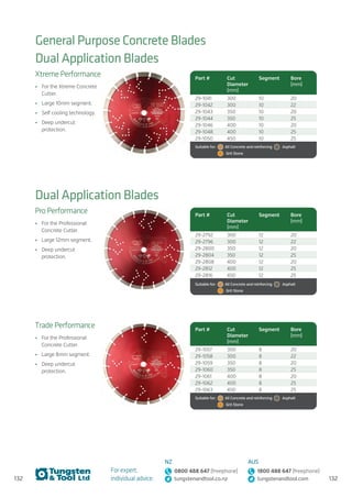 132
For expert,
individual advice:
NZ
0800 488 647 (freephone)
tungstenandtool.co.nz
AUS
1800 488 647 (freephone)
tungstenandtool.com
General Purpose Concrete Blades
Dual Application Blades
Xtreme Performance
•	 For the Xtreme Concrete
Cutter.
•	 Large 10mm segment.
•	 Self cooling technology.
•	 Deep undercut
protection.
Part # Cut
Diameter
(mm)
Segment Bore
(mm)
29-1041 300 10 20
29-1042 300 10 22
29-1043 350 10 20
29-1044 350 10 25
29-1046 400 10 20
29-1048 400 10 25
29-1050 450 10 25
Suitable for:    All Concrete and reinforcing    Asphalt 
  Grit Stone
Dual Application Blades
Pro Performance
•	 For the Professional
Concrete Cutter.
•	 Large 12mm segment.
•	 Deep undercut
protection.
Trade Performance
•	 For the Professional
Concrete Cutter.
•	 Large 8mm segment.
•	 Deep undercut
protection.
Part # Cut
Diameter
(mm)
Segment Bore
(mm)
29-2792 300 12 20
29-2796 300 12 22
29-2800 350 12 20
29-2804 350 12 25
29-2808 400 12 20
29-2812 400 12 25
29-2816 450 12 25
Suitable for:    All Concrete and reinforcing    Asphalt 
  Grit Stone
Part # Cut
Diameter
(mm)
Segment Bore
(mm)
29-1057 300 8 20
29-1058 300 8 22
29-1059 350 8 20
29-1060 350 8 25
29-1061 400 8 20
29-1062 400 8 25
29-1063 450 8 25
Suitable for:    All Concrete and reinforcing    Asphalt 
  Grit Stone
132
 