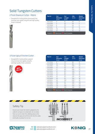 27
CuttersforCNCRouters
NZ sales@tungstenandtool.co.nz
AUS sales@tungstenandtool.com
Solid Tungsten Cutters
2 Flute Downcut Cutter - Metric
•	 Designed for routing where downward chip
removal, tool rigidity, long life and high quality
finish is desired.
3 Flute Upcut Finisher Cutter
•	 Designed for routing where upward
chip removal, tool rigidity, long life
and high quality finish is desired.
Part # Cut
Diameter
(mm)
Cut
Length
(mm)
OAL
(mm)
Shank
Diameter
(mm)
20-51370 4 16 64 6
20-51390 5 20 64 6
20-51406 6 25 64 6
20-51410 8 25 64 8
20-51426 10 35 76 10
20-51442 12 32 75 12
Suitable for:    Natural wood    Wood Composites
Part # Cut
Diameter
(mm)
Cut
Length
(mm)
OAL
(mm)
Shank
Diameter
(mm)
20-51554 8 32 80 8
20-51558 10 32 80 10
20-51562 10 42 100 10
20-51566 12 32 80 12
20-51570 12 42 100 12
20-51574 12 52 100 12
20-51594 16 42 100 16
20-51598 16 52 100 16
20-51602 16 72 120 16
20-51606 18 52 100 18
20-51614 18 102 150 18
20-51618 20 52 100 20
20-51626 20 72 120 20
20-51630 20 102 150 20
20-51634 25 102 150 25
Suitable for:    Natural wood    Wood Composites
Safety Tip
Ensure your router bit shank is gripped by the
collet for at least 2x its diameter. Do not allow
flute run out to enter the colleting area as this
reduces the grip and will force dirt into the collet,
eventually causing it to run out.
BEST
SELLER
 