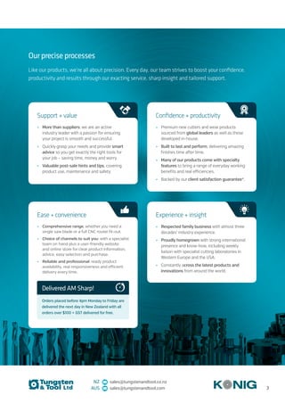 Our precise processes
Like our products, we’re all about precision. Every day, our team strives to boost your confidence,
productivity and results through our exacting service, sharp insight and tailored support.
•	 More than suppliers: we are an active
industry leader with a passion for ensuring
your project is smooth and successful.
•	 Quickly grasp your needs and provide smart
advice so you get exactly the right tools for
your job – saving time, money and worry.
•	 Valuable post-sale hints and tips, covering
product use, maintenance and safety.
Support + value
•	 Premium new cutters and wear products
sourced from global leaders as well as those
developed in-house.
•	 Built to last and perform, delivering amazing
finishes time after time.
•	 Many of our products come with specialty
features to bring a range of everyday working
benefits and real efficiencies.
•	 Backed by our client satisfaction guarantee*.
Confidence + productivity
•	 Respected family business with almost three
decades’ industry experience.
•	 Proudly homegrown with strong international
presence and know-how, including weekly
liaison with specialist cutting laboratories in
Western Europe and the USA.
•	 Constantly across the latest products and
innovations from around the world.
Experience + insight
•	 Comprehensive range, whether you need a
single saw blade or a full CNC router fit-out.
•	 Choice of channels to suit you: with a specialist
team on hand plus a user-friendly website
and online store for clear product information,
advice, easy selection and purchase.
•	 Reliable and professional: ready product
availability, real responsiveness and efficient
delivery every time.
Ease + convenience
Delivered AM Sharp!
Orders placed before 4pm Monday to Friday are
delivered the next day in New Zealand with all
orders over $100 + GST delivered for free.
NZ sales@tungstenandtool.co.nz
AUS sales@tungstenandtool.com 3
 