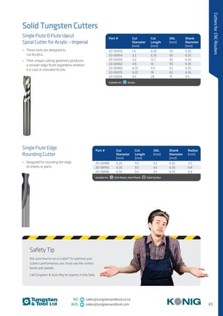43
CuttersforCNCRouters
NZ sales@tungstenandtool.co.nz
AUS sales@tungstenandtool.com
Solid Tungsten Cutters
Single Flute O Flute Upcut
Spiral Cutter for Acrylic – Imperial
•	 These tools are designed to
cut Acrylics.
•	 Their unique cutting geometry produces
a smooth edge finish regardless whether
it is cast or extruded Acrylic.
Single Flute Edge
Rounding Cutter
•	 Designed for rounding the edge
of sheets or parts
Part # Cut
Diameter
(mm)
Cut
Length
(mm)
OAL
(mm)
Shank
Diameter
(mm)
20-56950 1.6 6.35 50 6.35
20-56954 3.2 6.35 50 6.35
20-56958 3.2 12.7 50 6.35
20-56962 4.8 16 50 6.35
20-56966 6.35 9.5 63 6.35
20-56970 6.35 19 63 6.35
20-56974 9.5 28 75 9.5
Suitable for:   Acrylic
Part # Cut
Diameter
(mm)
Cut
Length
(mm)
OAL
(mm)
Shank
Diameter
(mm)
Radius
(mm)
20-56988 6.35 9.5 63 6.35 3.2
20-58992 6.35 9.5 63 6.35 4.8
20-58996 6.35 9.5 63 6.35 6.4
Suitable for:    Soft Plastic, Hard Plastic    Solid Surface
Safety Tip
Not sure how to run a cutter? To optimise your
cutter’s performance, you must use the correct
feeds and speeds.
Call Tungsten  Tool; they’re experts in this field.
 