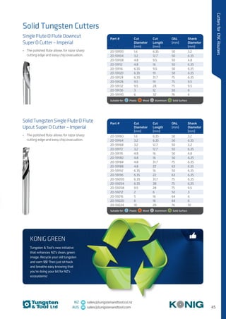 45
CuttersforCNCRouters
NZ sales@tungstenandtool.co.nz
AUS sales@tungstenandtool.com
Solid Tungsten Cutters
Single Flute O Flute Downcut
Super O Cutter – Imperial
•	 The polished flute allows for razor sharp
cutting edge and easy chip evacuation.
Solid Tungsten Single Flute O Flute
Upcut Super O Cutter – Imperial
•	 The polished flute allows for razor sharp
cutting edge and easy chip evacuation.
Part # Cut
Diameter
(mm)
Cut
Length
(mm)
OAL
(mm)
Shank
Diameter
(mm)
20-59100 1.6 6.35 50 3.2
20-59104 3.2 12.7 50 6.35
20-59108 4.8 9.5 50 4.8
20-59112 4.8 16 50 6.35
20-59116 6.35 9.5 50 6.35
20-59120 6.35 19 50 6.35
20-59124 6.35 31.7 75 6.35
20-59128 9.5 19 75 9.5
20-59132 9.5 28 75 9.5
20-59136 3 12 50 6
20-59140 6 32 76 6
Suitable for:   Plastic   Wood   Aluminium    Solid Surface
Part # Cut
Diameter
(mm)
Cut
Length
(mm)
OAL
(mm)
Shank
Diameter
(mm)
20-59160 1.6 6.35 50 3.2
20-59164 3.2 6.35 50 6.35
20-59168 3.2 12.7 50 3.2
20-59172 3.2 12.7 50 6.35
20-59176 4.8 16 50 4.8
20-59180 4.8 16 50 6.35
20-59184 4.8 31.7 75 6.35
20-59188 4.8 22 63 6.35
20-59192 6.35 16 50 6.35
20-59196 6.35 22 63 6.35
20-59200 6.35 31.7 75 6.35
20-59204 6.35 38 75 6.35
20-59208 9.5 28 75 9.5
20-59212 2 6 50 3
20-59216 5 16 64 6
20-59220 6 16 64 6
20-59224 10 29 76 10
Suitable for:   Plastic   Wood   Aluminium    Solid Surface
KONIG GREEN
Tungsten  Tool’s new initiative
that enhances NZ’s clean, green
image. Recycle your old tungsten
and earn $$! Then just sit back
and breathe easy knowing that
you’re doing your bit for NZ’s
ecosystems!
 