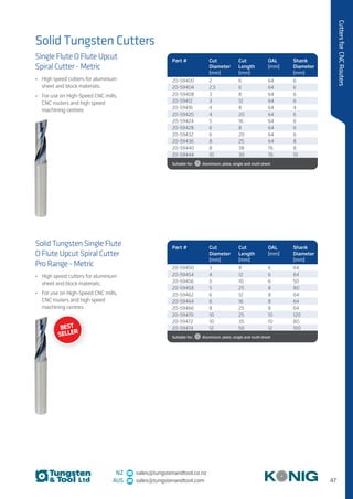 47
CuttersforCNCRouters
NZ sales@tungstenandtool.co.nz
AUS sales@tungstenandtool.com
Single Flute O Flute Upcut
Spiral Cutter - Metric
•	 High speed cutters for aluminium
sheet and block materials.
•	 For use on High-Speed CNC mills,
CNC routers and high speed
machining centres
Solid Tungsten Single Flute
O Flute Upcut Spiral Cutter
Pro Range - Metric
•	 High speed cutters for aluminium
sheet and block materials.
•	 For use on High-Speed CNC mills,
CNC routers and high speed
machining centres
Part # Cut
Diameter
(mm)
Cut
Length
(mm)
OAL
(mm)
Shank
Diameter
(mm)
20-59400 2 6 64 6
20-59404 2.5 6 64 6
20-59408 3 8 64 6
20-59412 3 12 64 6
20-59416 4 8 64 4
20-59420 4 20 64 6
20-59424 5 16 64 6
20-59428 6 8 64 6
20-59432 6 20 64 6
20-59436 8 25 64 8
20-59440 8 38 76 8
20-59444 10 30 76 10
Suitable for:    Aluminium, plate, single and multi sheet
Part # Cut
Diameter
(mm)
Cut
Length
(mm)
OAL
(mm)
Shank
Diameter
(mm)
20-59450 3 8 6 64
20-59454 4 12 6 64
20-59456 5 10 6 50
20-59458 5 25 8 80
20-59462 6 12 8 64
20-59464 6 16 8 64
20-59466 8 25 8 64
20-59470 10 25 10 120
20-59472 10 35 10 80
20-59474 12 50 12 100
Suitable for:    Aluminium, plate, single and multi sheet
Solid Tungsten Cutters
BEST
SELLER
 