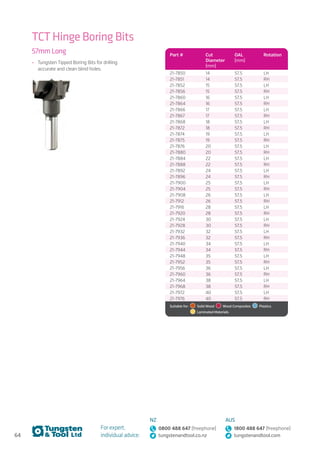 64
For expert,
individual advice:
NZ
0800 488 647 (freephone)
tungstenandtool.co.nz
AUS
1800 488 647 (freephone)
tungstenandtool.com
TCT Hinge Boring Bits
57mm Long
•	 Tungsten Tipped Boring Bits for drilling
accurate and clean blind holes.
Part # Cut
Diameter
(mm)
OAL
(mm)
Rotation
21-7850 14 57.5 LH
21-7851 14 57.5 RH
21-7852 15 57.5 LH
21-7856 15 57.5 RH
21-7860 16 57.5 LH
21-7864 16 57.5 RH
21-7866 17 57.5 LH
21-7867 17 57.5 RH
21-7868 18 57.5 LH
21-7872 18 57.5 RH
21-7874 19 57.5 LH
21-7875 19 57.5 RH
21-7876 20 57.5 LH
21-7880 20 57.5 RH
21-7884 22 57.5 LH
21-7888 22 57.5 RH
21-7892 24 57.5 LH
21-7896 24 57.5 RH
21-7900 25 57.5 LH
21-7904 25 57.5 RH
21-7908 26 57.5 LH
21-7912 26 57.5 RH
21-7916 28 57.5 LH
21-7920 28 57.5 RH
21-7924 30 57.5 LH
21-7928 30 57.5 RH
21-7932 32 57.5 LH
21-7936 32 57.5 RH
21-7940 34 57.5 LH
21-7944 34 57.5 RH
21-7948 35 57.5 LH
21-7952 35 57.5 RH
21-7956 36 57.5 LH
21-7960 36 57.5 RH
21-7964 38 57.5 LH
21-7968 38 57.5 RH
21-7972 40 57.5 LH
21-7976 40 57.5 RH
Suitable for:    Solid Wood    Wood Composites   Plastics 
  Laminated Materials
 