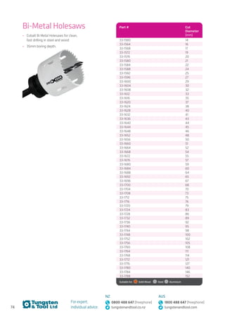 74
For expert,
individual advice:
NZ
0800 488 647 (freephone)
tungstenandtool.co.nz
AUS
1800 488 647 (freephone)
tungstenandtool.com
Part # Cut
Diameter
(mm)
33-1560 14
33-1564 16
33-1568 17
33-1572 19
33-1576 20
33-1580 21
33-1584 22
33-1588 24
33-1592 25
33-1596 27
33-1600 29
33-1604 30
33-1608 32
33-1612 33
33-1616 35
33-1620 37
33-1624 38
33-1628 40
33-1632 41
33-1636 43
33-1640 44
33-1644 45
33-1648 46
33-1652 48
33-1656 50
33-1660 51
33-1664 52
33-1668 54
33-1672 55
33-1676 57
33-1680 59
33-1684 60
33-1688 64
33-1692 65
33-1696 67
33-1700 68
33-1704 70
33-1708 73
33-1712 75
33-1716 76
33-1720 79
33-1724 83
33-1728 86
33-1732 89
33-1736 92
33-1740 95
33-1744 98
33-1748 100
33-1752 102
33-1756 105
33-1760 108
33-1764 111
33-1768 114
33-1772 121
33-1776 127
33-1780 140
33-1784 146
33-1788 152
Suitable for:   Solid Wood    Steel   Aluminium
Bi-Metal Holesaws
•	 Cobalt Bi Metal Holesaws for clean,
fast drilling in steel and wood
•	 35mm boring depth.
 