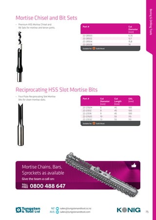 75
BoringDrillingTools
NZ sales@tungstenandtool.co.nz
AUS sales@tungstenandtool.com
Mortise Chisel and Bit Sets
Reciprocating HSS Slot Mortise Bits
•	 Premium HSS Mortise Chisel and
Bit Sets for mortise and tenon joints.
•	 Four Flute Reciprocating Slot Mortise
Bits for clean mortise slots.
Part # Cut
Diameter
(mm)
22-28500 6.35
22-28502 12.7
22-28504 15.8
22-28508 19
Suitable for:    Solid Wood
Part # Cut
Diameter
(mm)
Cut
Length
(mm)
OAL
(mm)
22-23504 6 45 100
22-23512 8 45 100
22-23516 9 45 100
22-23520 10 55 110
22-23532 13 55 110
Suitable for:    Solid Wood
Mortise Chains, Bars,
Sprockets as available
Give the team a call on:
0800 488 647TOLL
FREE
 