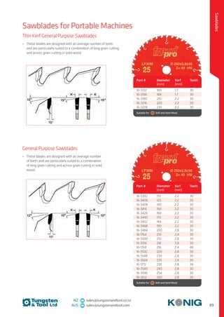 89
Sawblades
NZ sales@tungstenandtool.co.nz
AUS sales@tungstenandtool.com
Sawblades for Portable Machines
Thin Kerf General Purpose Sawblades
•	 These blades are designed with an average number of teeth
and are particularly suited to a combination of long grain cutting
and across grain cutting in solid wood.
Part # Diameter
(mm)
Kerf
(mm)
Teeth
16-3132 160 1.7 30
16-3156 184 1.7 30
16-3180 210 2.2 30
16-3216 220 2.2 30
16-3228 235 2.2 30
Suitable for:    Soft and Hard Wood
Part # Diameter
(mm)
Kerf
(mm)
Teeth
16-3392 110 2.2 30
16-3400 125 2.2 30
16-3408 140 2.2 30
16-3416 150 2.2 30
16-3428 160 2.2 30
16-3440 170 2.2 30
16-3452 184 2.2 30
16-3468 190 2.2 30
16-3484 200 2.8 30
16-1764 210 2.4 30
16-3500 210 2.8 30
16-3516 216 2.8 30
16-1768 216 2.4 48
16-3532 220 2.8 30
16-3548 230 2.8 30
16-3564 235 2.8 30
16-1772 235 2.8 34
16-3580 240 2.8 30
16-3596 254 2.8 30
16-3612 260 2.8 30
Suitable for:    Soft and Hard Wood
General Purpose Sawblades
•	 These blades are designed with an average number
of teeth and are particularly suited to a combination
of long grain cutting and across grain cutting in solid
wood.
 
