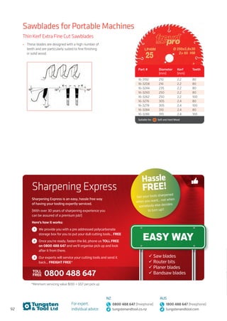 92
For expert,
individual advice:
NZ
0800 488 647 (freephone)
tungstenandtool.co.nz
AUS
1800 488 647 (freephone)
tungstenandtool.com
Sawblades for Portable Machines
Thin Kerf Extra Fine Cut Sawblades
•	 These blades are designed with a high number of
teeth and are particularly suited to fine finishing
in solid wood.
Part # Diameter
(mm)
Kerf
(mm)
Teeth
16-3192 210 2.2 80
16-3208 216 2.2 80
16-3244 235 2.2 80
16-3260 250 2.2 80
16-3262 250 2.2 100
16-3276 305 2.4 80
16-3278 305 2.4 100
16-3284 310 2.4 80
16-3286 310 2.4 100
Suitable for:    Soft and Hard Wood
Sharpening Express
Sharpening Express is an easy, hassle free way
of having your tooling expertly serviced.
(With over 30 years of sharpening experience you
can be assured of a premium job!)
Here’s how it works:
	 We provide you with a pre addressed polycarbonate
storage box for you to put your dull cutting tools… FREE
	 Once you’re ready, fasten the lid, phone us TOLL FREE
on 0800 488 647 and we’ll organise pick up and look
after it from there.
	 Our experts will service your cutting tools and send it
back... FREIGHT FREE*
Hassle
FREE!
Get your tools sharpened
when you want… not when
somebody else decides
to turn up!!
 Saw blades
 Router bits
 Planer blades
 Bandsaw blades0800 488 647TOLL
FREE
*Minimum servicing value $100 + GST per pick up
 
