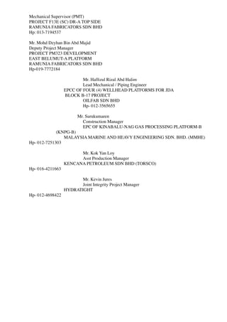 Mechanical Supervisor (PMT)
PROJECT F13E (SC) DR-A TOP SIDE
RAMUNIA FABRICATORS SDN BHD
Hp: 013-7194537
Mr. Mohd Dzyhan Bin Abd Majid
Deputy Project Manager
PROJECT PM323 DEVELOPMENT
EAST BELUMUT-A PLATFORM
RAMUNIA FABRICATORS SDN BHD
Hp-019-7772184
Mr. Hafﬁzul Rizal Abd Halim
Lead Mechanical / Piping Engineer
EPCC OF FOUR (4) WELLHEAD PLATFORMS FOR JDA
BLOCK B-17 PROJECT
OILFAB SDN BHD
Hp- 012-3565655
Mr. Surukumaren
Construction Manager
EPC OF KINABALU-NAG GAS PROCESSING PLATFORM-B
(KNPG-B)
MALAYSIA MARINE AND HEAVY ENGINEERING SDN. BHD. (MMHE)
Hp- 012-7251303
Mr. Kok Yan Loy
Asst Production Manager
KENCANA PETROLEUM SDN BHD (TORSCO)
Hp- 016-4211663
Mr. Kevin Jures
Joint Integrity Project Manager
HYDRATIGHT
Hp- 012-4698422
 