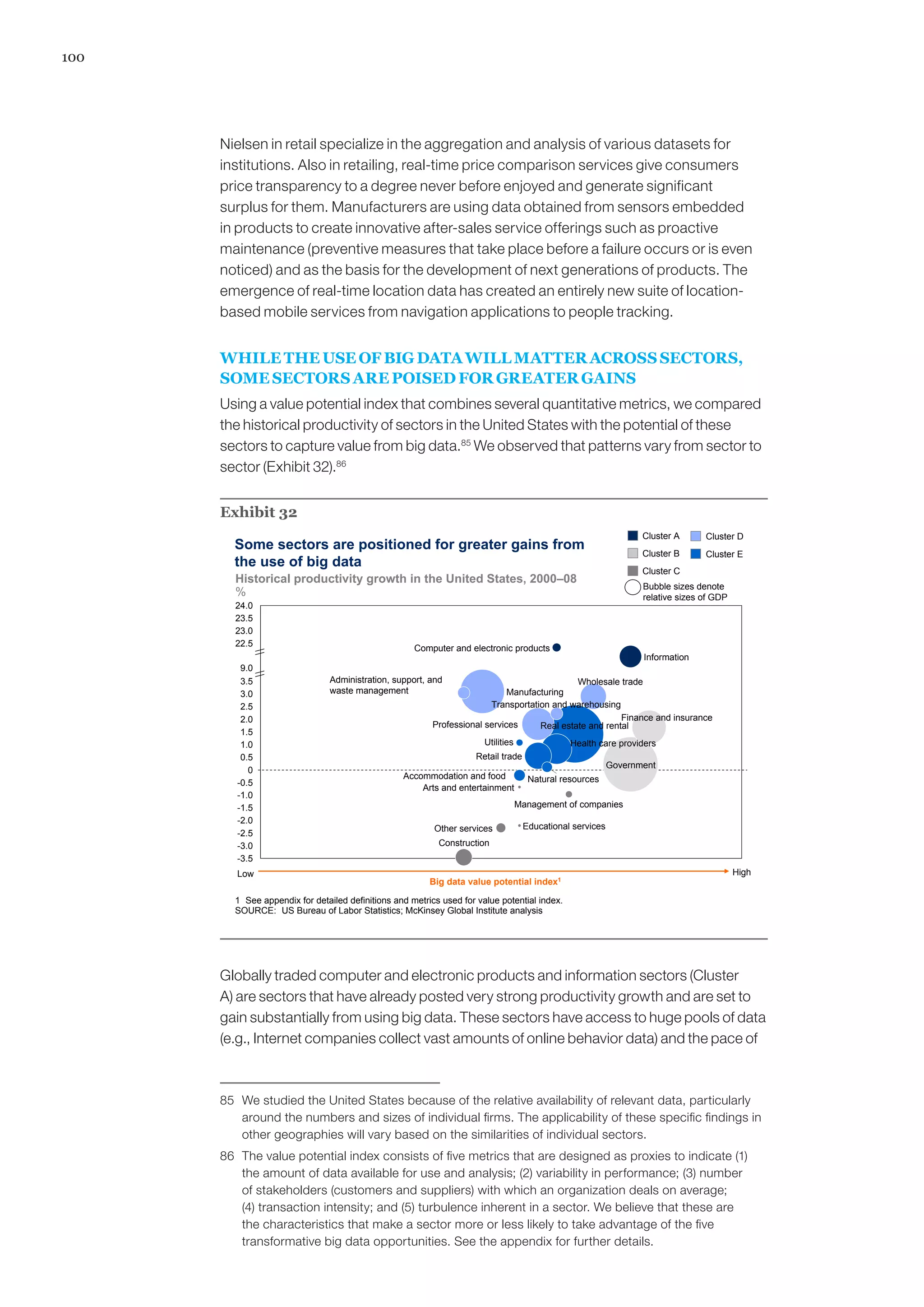 100
Nielsen in retail specialize in the aggregation and analysis of various datasets for
institutions. Also in retailing, real-time price comparison services give consumers
price transparency to a degree never before enjoyed and generate significant
surplus for them. Manufacturers are using data obtained from sensors embedded
in products to create innovative after-sales service offerings such as proactive
maintenance (preventive measures that take place before a failure occurs or is even
noticed) and as the basis for the development of next generations of products. The
emergence of real-time location data has created an entirely new suite of location-
based mobile services from navigation applications to people tracking.
WHILE THE USE OF BIG DATA WILL MATTER ACROSS SECTORS,
SOME SECTORS ARE POISED FOR GREATER GAINS
Using a value potential index that combines several quantitative metrics, we compared
the historical productivity of sectors in the United States with the potential of these
sectors to capture value from big data.85
We observed that patterns vary from sector to
sector (Exhibit 32).86
Exhibit 32
Some sectors are positioned for greater gains from
the use of big data
High
Big data value potential index1
Low
Historical productivity growth in the United States, 2000–08
%
-3.5
-0.5
23.5
-2.0
-1.0
3.0
9.0
-2.5
0.5
3.5
-1.5
Accommodation and food
Administration, support, and
waste management
2.5
24.0
-3.0
Other services
Natural resources
Management of companies
Information
Educational services
Construction
Computer and electronic products
Arts and entertainment
23.0
22.5
2.0
1.5
1.0
0
Utilities
Retail trade
Professional services
Manufacturing
Health care providers
Finance and insurance
Wholesale trade
Transportation and warehousing
Real estate and rental
Government
SOURCE: US Bureau of Labor Statistics; McKinsey Global Institute analysis
Cluster D
Cluster B
Cluster A
Cluster C
Cluster E
Bubble sizes denote
relative sizes of GDP
1 See appendix for detailed definitions and metrics used for value potential index.
Globally traded computer and electronic products and information sectors (Cluster
A) are sectors that have already posted very strong productivity growth and are set to
gain substantially from using big data. These sectors have access to huge pools of data
(e.g., Internet companies collect vast amounts of online behavior data) and the pace of
85	 We studied the United States because of the relative availability of relevant data, particularly
around the numbers and sizes of individual firms. The applicability of these specific findings in
other geographies will vary based on the similarities of individual sectors.
86	 The value potential index consists of five metrics that are designed as proxies to indicate (1)
the amount of data available for use and analysis; (2) variability in performance; (3) number
of stakeholders (customers and suppliers) with which an organization deals on average;
(4) transaction intensity; and (5) turbulence inherent in a sector. We believe that these are
the characteristics that make a sector more or less likely to take advantage of the five
transformative big data opportunities. See the appendix for further details.
 