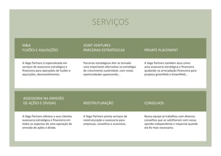 SERVIÇOS
A Vega Partners é especializada em
serviços de assessoria estratégica e
financeira para operações de fusões e
aquisições, desinvestimentos.
A Vega Partners oferece a seus clientes
assessoria estratégica e financeira em
todos os aspectos de uma operação de
emissão de ações e dívida.
M&A
FUSÕES E AQUISIÇÕES
ASSESSORIA NA EMISSÃO
DE AÇÕES E DÍVIDAS
JOINT VENTURES
PARCERIAS ESTRATÉGICAS
REESTRUTURAÇÃO
PRIVATE PLACEMENT
CONSELHOS
Parcerias estratégicas têm se tornado
uma importante alternativa na estratégia
de crescimento sustentável, com novas
oportunidades aparecendo...
A Vega Partners presta serviços de
reestruturação e assessoria para
empresas, conselhos e acionistas.
A Vega Partners também atua como
uma assessoria estratégica e financeira
ajudando na arrecadação financeira para
projetos greenfield e brownfield...
Nossa equipe já trabalhou com diversos
conselhos que se satisfizeram com nossa
opinião independente e imparcial quando
ela foi mais necessária.
 