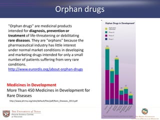 Orphan drugs
"Orphan drugs" are medicinal products
intended for diagnosis, prevention or
treatment of life-threatening or debilitating
rare diseases. They are "orphans" because the
pharmaceutical industry has little interest
under normal market conditions in developing
and marketing drugs intended for only a small
number of patients suffering from very rare
conditions.
http://www.eurordis.org/about-orphan-drugs
Medicines in Development
More Than 450 Medicines in Development for
Rare Diseases
http://www.phrma.org/sites/default/files/pdf/Rare_Diseases_2013.pdf
 
