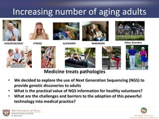 Increasing number of aging adults
• We decided to explore the use of Next Generation Sequencing (NGS) to
provide genetic discoveries to adults
• What is the practical value of NGS information for healthy volunteers?
• What are the challenges and barriers to the adoption of this powerful
technology into medical practice?
HCM/DCM/ARVC STROKE ALZHEIMER PARKINSON Other disorders
Medicine treats pathologies
 