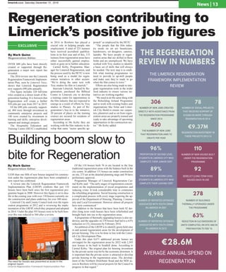 By Mark Quinn
Regeneration Editor
Building boom slow to
bite for Regeneration
THE LIMERICK REGENERATION
FRAMEWORK IMPLEMENTATION
REVIEW
96%
PROPORTION OF SECOND LEVEL
STUDENTS IN LIMERICK CITY WHO
COMPLETE THEIR JUNIOR CERT
NUMBER OF NEW JOBS CREATED
DIRECTLY WITH ASSISTANCE FROM
THE REGENERATION PROGRAMME
SINCE 2014
306
NUMBER OF SOCIAL PROJECTS
THAT RECEIVED SUPPORT OF
€10,000 OR MORE THROUGH
REGENERATION IN 2014
78
NUMBER OF NEW HOUSES BUILT
UNDER THE REGENERATION
PROGRAMME
110
NUMBER OF BUILDINGS
THERMALLY UPGRADED UNDER
THE PROGRAMME
2786,988
NUMBER OF REPORTED OFFENCES
ASSOCIATED WITH YOUTH CRIME
IN LIMERICK IN 2007
€28.6M
AVERAGE ANNUAL SPEND ON
REGENERATION
THE REGENERATION
REVIEW IN NUMBERS
450
THE NUMBER OF NEW JOBS
THAT REGENERATION AIMS TO
CREATE PER YEAR
€9.37M
REGENERATION INVESTMENT IN
THESE PROJECTS 2012-14
PROPORTION OF SECOND LEVEL
STUDENTS IN LIMERICK CITY WHO
COMPLETE THEIR LEAVING CERT
89% 92
DERELICT (LONG-TERM VOID)
HOUSES BACK IN USE
4,746
NUMBER OF REPORTED OFFENCES
ASSOCIATED WITH YOUTH CRIME
IN LIMERICK IN 2015
63%
REDUCTION IN Co2 EMISSIONS OF
UNITS COMPLETED, ON SITE AND IN
PREPARATION TO FEB '16
eneration Framework Implementation Plan
““Very impressed with a lot of the plans. As a
community we need to see progress. We need
to see an improvement in the appearance of
Southill. If the community wants to move
forward we need to keep the people in southill
and not move them out. We need to see some
building work to start."
O'Malley Park / Keyes Park Resident
”
ut 1 13/09/2013 21:21 Page 142
The need for houses was presented as acute in the
original report.
Limerick Regeneration Framework Implementation Plan
Regeneration contributing to
Limerick’s positive job figures
OVER 600 jobs have been directly
created or supported through Re-
generation a major new report has
revealed.
The 2016 review into the Limerick
Regeneration Framework Implemen-
tation Plan, seen by Limerick Voice,
shows that Limerick Regeneration
now supports 690 jobs annually.
This figure includes 320 full-time
roles created as a direct result of Re-
generation funding. It is foreseen that
Regeneration will create a further
450 jobs per year from 2017 to 2019.
Of the 690 jobs currently support-
ed, 484 were through investment in
community enterprise projects and
140 were created by investment in
training and skills, enterprise devel-
opment and strategic projects.
The Hospitality Education and
Training Centre (HETC) established
in 2014 in Roxboro has played a
crucial role in helping people into
employment. A total of 225 trainees
have received accredited qualifica-
tions in its first year and of this, 133
trainees from regeneration areas have
either successfully gained employ-
ment or gone on to further education.
Carmel Kirby, Programme Man-
ager for Limerick Regeneration, said
the process used by the HETC is now
being used as a model for regen-
eration initiatives in other sectors:
“We’re doing the same now with
Troy studios for film in Limerick.”
Innovate Limerick, backed by Re-
generation, purchased the Biblical
Centre in Limerick city to develop
a training centre for opportunities in
the film industry that are expected to
emerge as a result of efforts by Troy
studios in Plassey. As part of Re-
generation’s buy-in to the initiative,
20 percent of places on the training
courses are secured for residents of
regeneration areas.
According to Ms Kirby they are
working with the film industry to de-
velop that same “sector specific ap-
proach” as employed by the HETC.
“The people that the film indus-
try needs on set are beauticians,
hairdressers, set designers, caterers,
laundry. We have people in regen-
eration areas that are skilled in these
fields and are unemployed. We have
worked with Troy studios to identify
a basic set of skills that will always
be needed. The next step is to estab-
lish what training programmes we
need to provide to up-skill people
and make sure they’re ready to go
when the film comes to town.”
Efforts are also being made to inte-
grate regeneration work in the wider
food industry to ensure various ini-
tiatives are working together.
“We need to do the same thing with
the Rebuilding Ireland Programme
and to work with existing bodies and
organisations like Solas and Limer-
ick City Build to ensure our carpen-
ters, plasterers and so on from regen-
eration areas are properly trained and
ready to take advantage of upcoming
opportunities in the construction sec-
tor.” Ms Kirby added.
LESS than one fifth of new houses targeted for construc-
tion under the regeneration plan have been completed a
new report has confirmed.
A review into the Limerick Regeneration Framework
Implementation Plan (LRFIP) confirms that just 110
houses have been built since the first regeneration pro-
gramme began in 2008. However this figure is set to dou-
ble in the coming year with over 130 houses currently un-
der construction and plans underway for over 300 more.
Limerick City and County Council took over the regen-
eration programme in 2012 and is reviewing the imple-
mentation of the LRFIP, which they prepared and adopted
in 2014. Under the plan 593 houses were to be built how-
ever this was reduced to 564 after a review.
Of the 110 houses built 76 in are located in the four
traditional regeneration areas with the balance built in the
city centre. In addition 131 houses are under construction
on site, 273 are at the detailed planning stage and 50 have
preliminary approval.
Programme Manager of Limerick Regeneration Car-
mel Kirby said: “The early stages of regeneration concen-
trated on the implementation of social programmes and
reducing crime. It took considerable time to commence
the rebuilding programme. Social housing construction is
a complicated process with every stage requiring the ap-
proval of the Department of Housing, Planning, Commu-
nity and Local Government. However almost all projects
have now commenced.”
In addition to the houses that have been built 92 der-
elict (long term void) houses have been refurbished and
brought back into use in the regeneration areas.
Aprogramme of thermally upgrading houses is also un-
derway and the upgrades on 278 houses had led to a 63%
reduction in CO2
emissions by February 2016.
An ambition of the LRFIP is to identify green field sites
in and around regeneration areas for the development of
private housing. This is to be done in line with the Limer-
ick City Development Plan.
Under this plan 4,671 additional private homes are
envisaged for the regeneration areas by 2022 with 2,593
new houses to be built in Southill alone. According to
Carmel Kirby, “the original plan for housing investment
by the private sector was hit by the economic downturn. It
is important that the private sector is attracted to develop
private housing in the regeneration areas. The develop-
ment of the Northern Distributer Road and the M20 ac-
cess to Roxboro will be crucial projects for the Council to
progress in that regard.”
By Mark Quinn
Regeneration Editor
limerickvoice, Saturday December 10 , 2016
News | 13
EXCLUSIVE
 