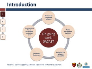 I
                                                       Demand for
                                                        accessible
                                                        software
R


                            Requirements
T                               for an                                                Public
                             accessibility                                         procurement
                              evaluation                                             (M/376)
                                 tool
C




                                                                       ISO 9241-171
                                        Conformity
                                                                         Software
                                        Assessment
                                                                        accessibility




    Towards a tool for supporting software accessibility conformity assessment
 