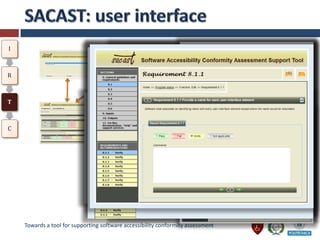 I                              1                        2                        3   6



R
                                                                                 5


T                             4




C
                                                                                     7




    Towards a tool for supporting software accessibility conformity assessment
 