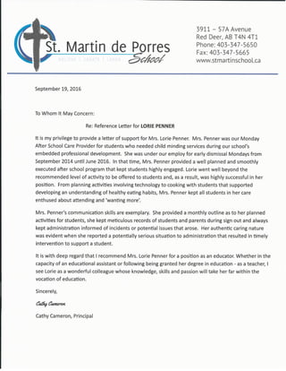 St Martin de Porres - Reference Letter #2