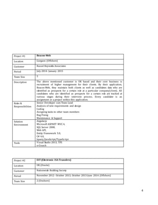4
Project #1 Beacon-Web
Location Gurgaon (Offshore)
Customer Russel Reynolds Associates
Period July 2014- January 2015
Team Size 5
Description The above mentioned customer is UK based and their core business is
recruitment of higher management for their clients. By their application,
Beacon-Web, they maintain both clients as well as candidates data who are
identified as prospects for a certain role at a particular company(client). All
candidates who are identified as prospects for a certain role are tracked at
various stages during their interview process. Every candidate is an
assignment or a project within this application.
Roles &
Responsibilities
Senior Developer cum Team Lead
Analysis of new requirements and design
Coding
Assigning tasks to other team members
Bug Fixing
Maintenance & Support
Solution
Environment
Angular.js
Microsoft ASP.NET MVC 4,
SQL Server 2008,
Web API,
Entity Framework 5.0,
C# 4.0,
Jquery/JavaScript/TypeScript
Tools Visual Studio 2013, TFS
n-Crunch
Project #2 EIT (Electronic ISA Transfers)
Location UK (Onsite)
Customer Nationwide Building Society
Period November 2012- October 2013, October 2013-June 2014 (Offshore)
Team Size 2 (Onshore)
 