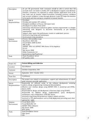 5
Description As per UK government, bank customers should be able to switch their ISA
accounts from one bank to another. EIT is developed to support such electronic
transfers. Customers are expected to submit transfer application form at the
new bank and all transfer related formalities including customer validation
and account validation is done through electronic mode. EIT helps ISA transfers
to be quick and time saving as compared to manual transfer.
Role &
Responsibilities
Developer
Develop and maintain EIT solution
Designed workflows in Process 360 (open text)
Developed UI in Share Point 2010
Interacting with business analysts to gather business requirements or changes
Interacting with designers to document functionality as per business
requirements
Support other teams like performance testers to understand process
Involved in bug fixing and maintenance
Involvement in documentation
Solution
Environment
Process 360 workflow maps
SharePoint 2010 (UI)
Visual Studio 2008 & 2010
XML & XSL
ASP.NET MVC 4.0, ASP.NET Web Forms 4.0 & Angular.js
C# 4.0
SQL Server 2008
Entity Framework 5.0
Jquery/Javascript/TypeScript
Tools Team Foundation Server
HP quality centre
Project #2 Patient Billing and Collection
Location TCS Offshore
Customer Ceridian Corporation, USA
Period September 2011- October 2012
Team Size 3 (offshore)
Description The project was related to maintenance, support and enhancements of a third
party insurance provider application
Role &
Responsibilities
Responsible for different cycles in the software development including
analysis, design, programming, testing and documentation.
Effective user interface design using ASP.NET MVC 3, JavaScript and HTML,
JQuery, JSON
Responsible for design and development of business logic using C#.NET.
Responsible for database design, implementation, query development,
maintenance and configuration of MS SQL Server.
Involved in bug fixing and production support related activities
Involved in TFS administration such as build deployment providing users their
appropriate rights.
Solution
Environment
Visual Studio 2010
Visual Studio.Net 4.0
ASP.NET MVC 3 (Razor)
SQL Server 2008
WCF (SOA)
Tools Team Foundation Server
Clear Quest
VSS
 