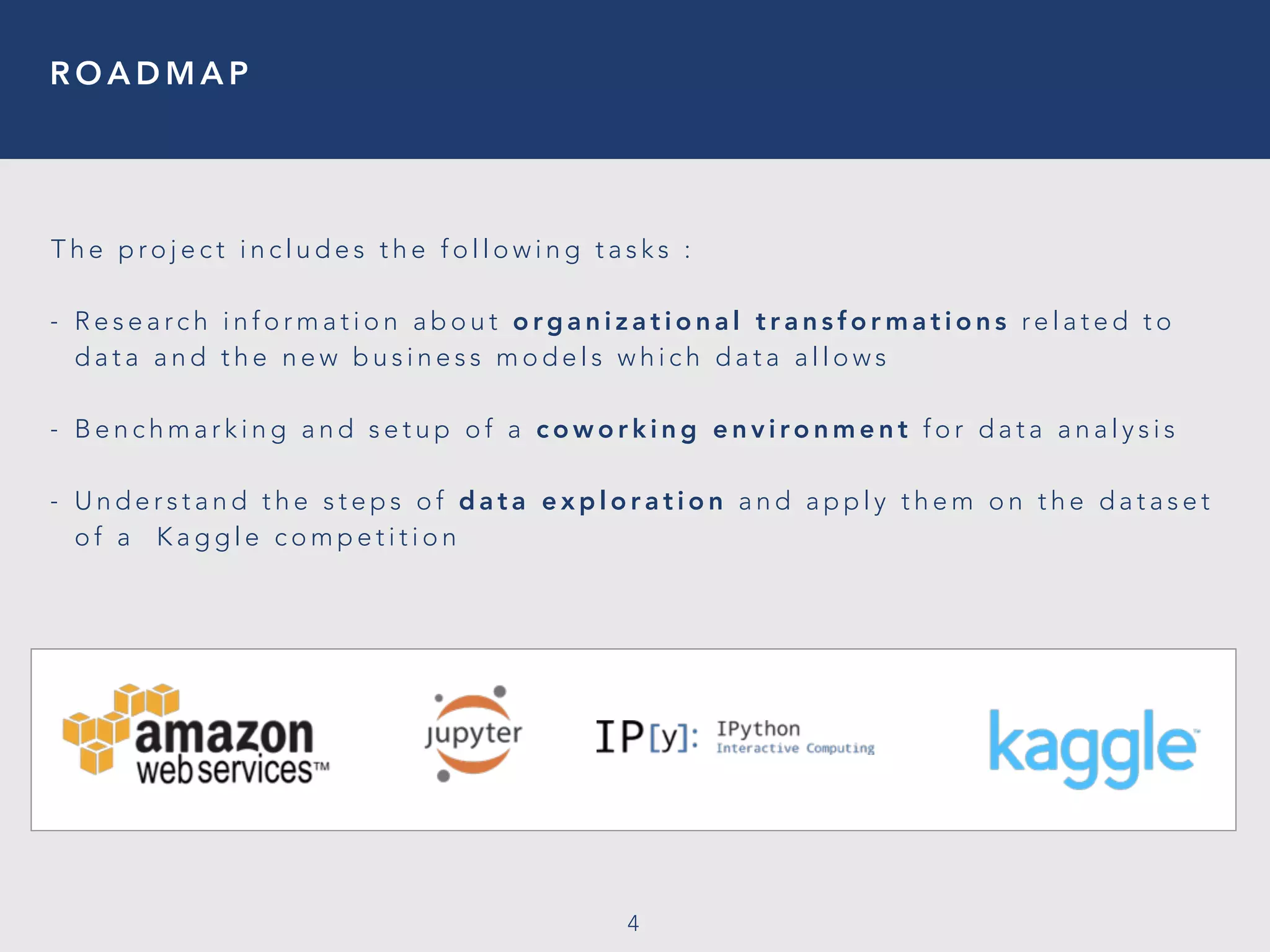 R O A D M A P
4
T h e p ro j e c t i n c l u d e s t h e f o l l o w i n g t a s k s :
- R e s e a rc h i n f o r m a t i o n a b o u t o rg a n i z a t i o n a l t r a n s f o r m a t i o n s re l a t e d t o
d a t a a n d t h e n e w b u s i n e s s m o d e l s w h i c h d a t a a l l o w s
- B e n c h m a r k i n g a n d s e t u p o f a c o w o r k i n g e n v i ro n m e n t f o r d a t a a n a l y s i s
- U n d e r s t a n d t h e s t e p s o f d a t a e x p l o r a t i o n a n d a p p l y t h e m o n t h e d a t a s e t
o f a K a g g l e c o m p e t i t i o n
 