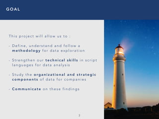 G O A L
3
T h i s p ro j e c t w i l l a l l o w u s t o :
- D e f i n e , u n d e r s t a n d a n d f o l l o w a
m e t h o d o l o g y f o r d a t a e x p l o r a t i o n
- S t re n g t h e n o u r t e c h n i c a l s k i l l s i n s c r i p t
l a n g u a g e s f o r d a t a a n a l y s i s
- S t u d y t h e o rg a n i z a t i o n a l a n d s t r a t e g i c
c o m p o n e n t s o f d a t a f o r c o m p a n i e s
- C o m m u n i c a t e o n t h e s e f i n d i n g s
 