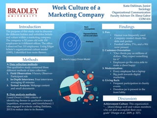 Work Culture of a
Marketing Company
Introduction
The purpose of this study was to discover
the different hidden and unhidden beliefs
and values within a marketing company.
The company is 52 years old with 150
employees in 4 different ofﬁces. The ofﬁce
I observed has 110 employees. Using Edgar
Schein’s organizational culture model
(1995), I identiﬁed four main themes.
Methods
A. Data collection methods:
This qualitative study contained three
different methods of data collection:
1.  Field Observation: 9 hours, Observer-
Participant role
2.  In-Depth Interviews: Four interviews
averaging 45 minutes
3.  Textual Analysis: Webpage content
and small documents
B. Data analysis methods:
I used Owen’s (1984) criteria of
identifying themes in qualitative research
(repetition, recurrence, and forcefulness). I
also engaged in eclectic coding (Saldana,
2013) to reduce data to its themes.
Findings
1. Fun:
•  Humor was frequently used
•  Company created rituals like
skits and parties
•  Foosball tables, TVs, and a Wii
were present
2. Customer-Orientation:
•  “Our clients pay us millions of
dollars. They expect something
for it”
•  Employees go the extra mile to
make a client happy
3. Modernization:
•  Every employee has a laptop
•  Big push towards digital
marketing
4. Giving Back:
•  Frequent participation in charity
events
•  Donation jar is present in the
front lobby
Schein’s	
  (1995)	
  Onion	
  Model	
  
Discussion
Achievement Culture: This organization
“… [does] things well and values members
who set and accomplish their own
goals” (Hargie et al., 2009, p. 327).
 