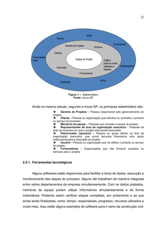 22
Figura 1 – Stakeholders
Fonte: Inova GP
Ainda no mesmo estudo, segundo a Inova GP, os principais stakeholders são:
 Gerente de Projetos – Pessoa responsável pelo gerenciamento do
projeto.
 Cliente – Pessoa ou organização que solicitou ou contratou o produto
ou serviço do processo.
 Membros da equipe – Pessoas que compõe a equipe do projeto.
 Representantes de área da organização executora – Pessoas de
área da empresa em que o projeto está sendo executado.
 Patrocinador (sponsor) – Pessoa ou grupo dentro ou fora da
organização executora, que provê recursos financeiros e/ou apoio
institucional para a execução do projeto.
 Usuário - Pessoa ou organização que irá utilizar o produto ou serviço
do projeto.
 Fornecedores – Organizações que irão fornecer produtos ou
serviços para o projeto
2.5.1. Ferramentas tecnológicas
Alguns softwares estão disponíveis para facilitar a troca de dados, execução e
monitoramento das etapas do processo. Alguns até trabalham de maneira integrada
entre vários departamentos da empresa simultaneamente. Com os dados postados,
membros da equipe podem utilizar informativos simultaneamente e de forma
instantânea. Podendo assim verificar etapas completas, em andamento e as que
ainda serão finalizadas, como: tempo, responsáveis, progresso, recursos utilizados e
muito mais. Aqui estão alguns exemplos de software para o ramo da construção civil:
 