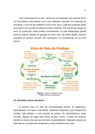 32
Para a fabricação de um bem, temos que nos preocupar não somente com o
uso de produtos, mais também com a sua produção e descarte. Em empresas de
tecnologia, a vida útil dos artefatos é muito curta, pois a cada dia mudanças nesse
ramo fazem com que bens e ideias se tornem obsoletos. Por incrível que pareça no
ramo da construção, ainda existem procedimentos no qual desperdiçam grande
parte do material utilizado na geração de outros bens. Na tabela abaixo, veremos
exemplos de quantos recursos são necessários na manufaturarão de um bem
comum.
Figura 6 – Ciclo de Vida do Produto
Fonte: Minutos sustentáveis
3.2. Atividades sócias educativas
O governo atua na área de conscientização através do desperdício,
especialmente o de água e eletricidade, realizando campanhas, pois o desperdício
também está atrelado a uma corrente de perdas. Se desperdiçarmos esses
recursos, alguém vai pagar pelo nosso excesso. Assim, a teoria de benefício
atrelado se anula, pois para que tenhamos sustentabilidade, dissipação precisa ser
eliminada ou, só estaremos transferindo a nossa ineficiência para outro.
 