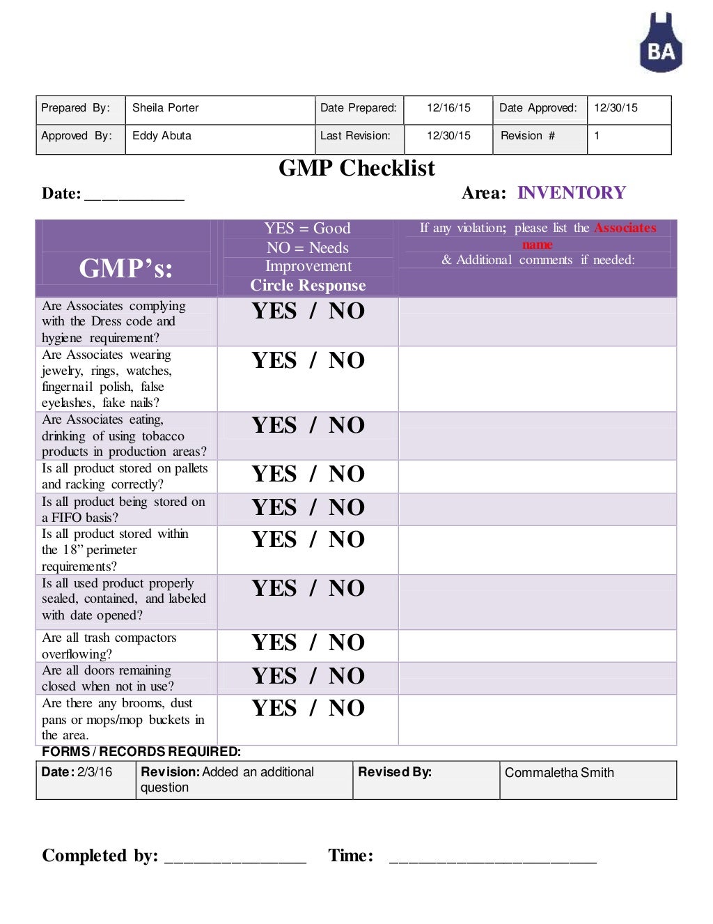 GMP checklist INVENTORY