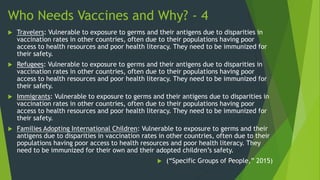 Who Needs Vaccines and Why? - 4
 Travelers: Vulnerable to exposure to germs and their antigens due to disparities in
vaccination rates in other countries, often due to their populations having poor
access to health resources and poor health literacy. They need to be immunized for
their safety.
 Refugees: Vulnerable to exposure to germs and their antigens due to disparities in
vaccination rates in other countries, often due to their populations having poor
access to health resources and poor health literacy. They need to be immunized for
their safety.
 Immigrants: Vulnerable to exposure to germs and their antigens due to disparities in
vaccination rates in other countries, often due to their populations having poor
access to health resources and poor health literacy. They need to be immunized for
their safety.
 Families Adopting International Children: Vulnerable to exposure to germs and their
antigens due to disparities in vaccination rates in other countries, often due to their
populations having poor access to health resources and poor health literacy. They
need to be immunized for their own and their adopted children’s safety.
 (“Specific Groups of People,” 2015)
 