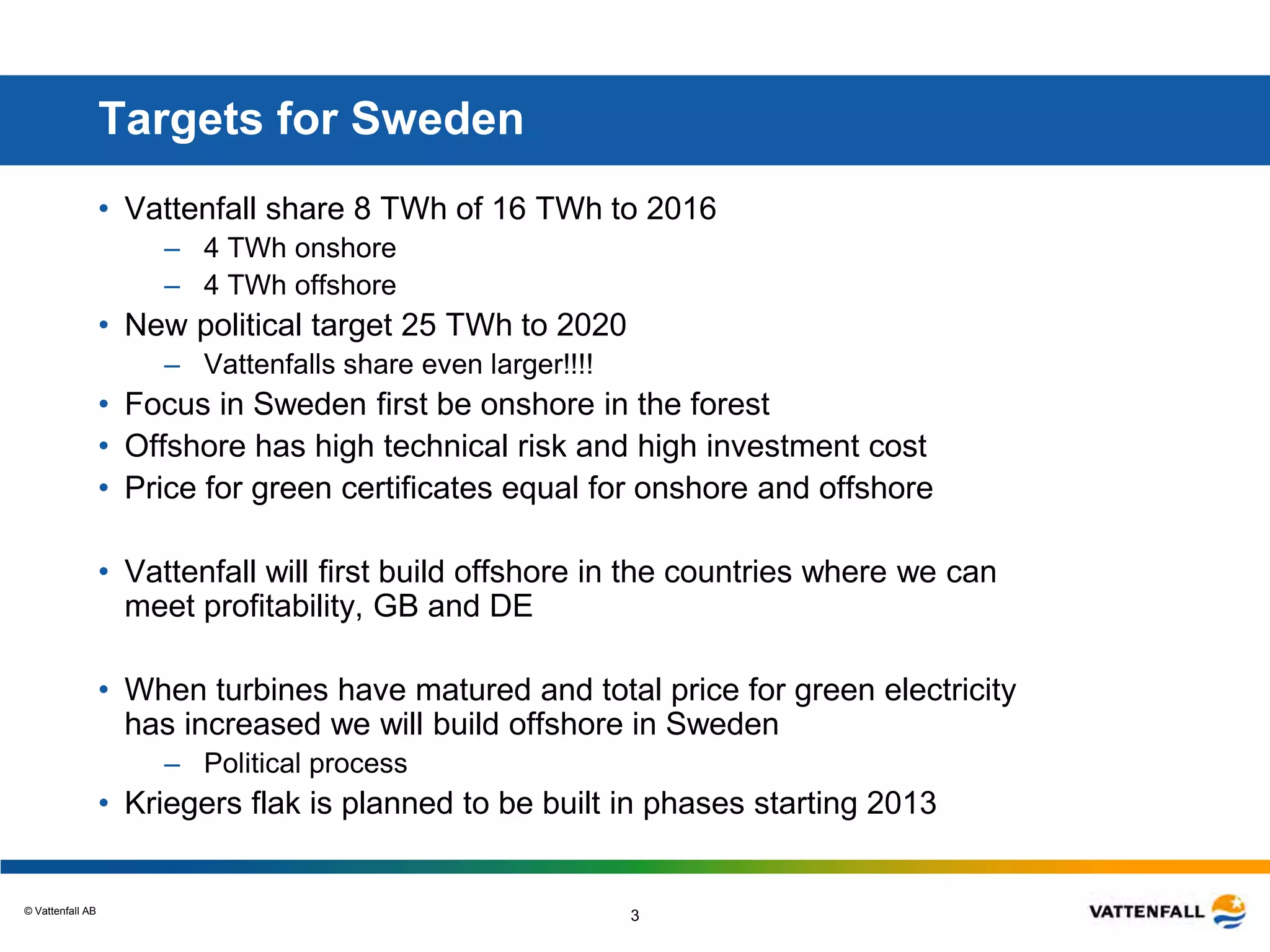 © Vattenfall AB
3
Targets for Sweden
• Vattenfall share 8 TWh of 16 TWh to 2016
– 4 TWh onshore
– 4 TWh offshore
• New political target 25 TWh to 2020
– Vattenfalls share even larger!!!!
• Focus in Sweden first be onshore in the forest
• Offshore has high technical risk and high investment cost
• Price for green certificates equal for onshore and offshore
• Vattenfall will first build offshore in the countries where we can
meet profitability, GB and DE
• When turbines have matured and total price for green electricity
has increased we will build offshore in Sweden
– Political process
• Kriegers flak is planned to be built in phases starting 2013
 