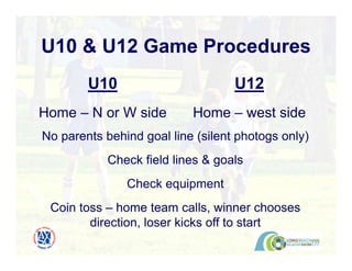 U10 & U12 Game Procedures
U10
Home – N or W side
U12
Home – west side
No parents behind goal line (silent photogs only)
Check field lines & goals
Check equipment
Coin toss – home team calls, winner chooses
direction, loser kicks off to start
 