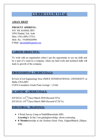 CURRICULUM VITAE
AMAN DEEP
PRESENT ADDRESS:-
S/O SH. KAMAL DEV
VPO.Thathal, Teh. Amb
Distt. UNA (HP)-177211
Mob. No. +918894264994
E-Mail: akoundal4@gmail.com
CAREER OBJECTIVE:
To work with an organization where I get the opportunity to use my skills and
be a part of a team in a company, where my hard work and technical skills will
leads to growth of the company.
PROFESSIONAL CREDENTIALS:
B.Tech (Civil Engineering) from INDUS INTERNATIONAL UNIVERSITY at
Bathu UNA.(HP)
CGPA Cumulative Grade Point Average = (5.64)
ACADEMIC CREDENTIALS:
H.P.B.S.E. (12
Th
Class) March 2010 (Secured 52%).
H.P.B.S.E. (10
Th
Class) March 2008 (Secured 67.58 %).
INDUSTRIAL TRAININGS:
 4 Week Survey Camp at NaddiDharmshala (HP)
Learning’s :In this I am gainingknowledge about contouring.
 6 Monthinternship at site Sushma Green Vista, GajipurDhakoli ,Zirkpur.
(PB).
 