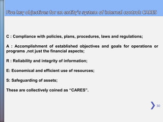 30
C : Compliance with policies, plans, procedures, laws and regulations;
A : Accomplishment of established objectives and goals for operations or
programs ,not just the financial aspects;
R : Reliability and integrity of information;
E: Economical and efficient use of resources;
S: Safeguarding of assets;
These are collectively coined as “CARES”.
 
