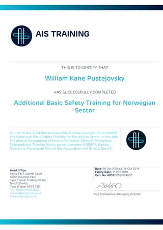 William Kane Pustejovsky - Additional Basic Safety Training