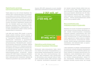 11 BiotalousjulkaisutLuke
Digitalisaatio parantaa
luonnonvaratiedon käytettävyyttä
Tiedon jakelu on jo osin siirtynyt digiaikaan. Esi-
merkiksi VMI:n metsävarakarttoja ja kuntatilasto-
ja saa ladattua internetistä. Pääosa VMI-tuloksis-
ta jaetaan kuitenkin perinteisinä julkaisuina ja tau-
lukoina. Tiedon saatavuus paranee, kun kukin tie-
don tarvitsija saa haluamansa taulukot sähköisinä
suoraan internetistä. Käytettävyys paranee edel-
leen, kun käyttäjät saavat juuri omaan tietotar-
peeseensa jalostettua tietoa. Digitalisaatio mah-
dollistaa käyttäjälähtöiset laskentapalvelut, jos-
sa tiedon jatkojalosteita voidaan tuottaa samasta
järjestelmästä eri tarkoituksiin.
Luke pitää ajan tasalla VMI:n koeala- ja puusto-
tietojen pohjalta laskettuja metsien tuotanto- ja
käyttömahdollisuusarvioita MELA Tulospalvelus-
sa. Tulospalvelua käytetään päätöstukena met-
säteollisuuden investointien ja puunhankinnan
suunnittelussa sekä erilaisissa politiikka- ja oh-
jelmaprosesseissa. Metsäteollisuuden investoin-
tisuunnitelmien toteutumisen arvioidaan lisäävän
metsiemme hakkuita 10-15 miljoonaa kuutiomet-
riä vuodessa. Kun otetaan huomioon erilaiset met-
sien käyttöä koskevat rajoitukset, hakkuiden tek-
nis-taloudellinen kannattavuus ja tulevaisuuden
hakkuumahdollisuuksien turvaaminen, voidaan
vuosina 2011-2020 hakata runkopuuta kestävästi
noin 81 miljoonaa kuutiometriä vuodessa, ja kes-
tävän hakkuukertymän ennakoidaan ylittävän 86
miljoonan kuutiometrin raja vuosina 2021-2030.
Metsillä ja puilla tärkeä rooli
ilmaston muutoksen hillinnässä
Biotalouden raaka-ainetuotannon lisäksi metsil-
lä on tärkeä rooli Suomen ilmastopolitiikassa. Lu-
kessa tehtyjen skenaariolaskelmien mukaan met-
sien kyky sitoa ilman kasvihuonekaasuja (met-
sänielu) säilyy tehokkaana myös tulevaisuudes-
sa. Skenaariossa, jossa vuotuiset hakkuut lisään-
tyivät nykyisestä vuoteen 2030 mennessä vajaat
10 miljoonaa kuutiometriä biotalouden tarpei-
siin, metsien nykyinen hiilinielu väheni ensin jon-
kin verran vuoteen 2030. Tämän jälkeen se pa-
lautui seuraavan 10 vuoden aikana. Skenaariossa,
jossa puuta hakattiin välittömästi noin 20 miljoo-
naa kuutiometriä nykyistä enemmän − vaaranta-
matta kuitenkaan tulevaisuuden hakkuumahdol-
lisuuksia - metsien kasvihuonekaasutase vaihteli
pienen nielun ja päästön välillä.
Resurssitehokkuutta
maatalousmaata eriyttämällä
Maatalous on suurten muutosten kynnyksellä. Vä-
kiluku kasvaa ja elintaso kohoaa väkirikkailla alu-
eilla. Samalla ilmastonmuutoksen ennakoidaan
rajoittavan globaalia ruoantuotantoa eikä uutta
maatalousmaata ole riittävästi raivattavissa. Suo-
messa ilmastonmuutos voi lisätä tuotantokykyä,
mikäli sopeudumme riittävän ajoissa ja hyödyn-
nämme alkutuotannon monipuolistuvat mahdol-
lisuudet. Suomen peltojen tuotantokyky vaihtelee
merkittävästi, mikä edellyttää viljely- ja sopeutu-
mistoimien täsmäsuunnittelua.
Luken tavoitteena on peltojen tuotantokykyerojen
tunnistaminen toisaalta kestävästi tehostettaviin,
panosvasteiltaan ja resurssitehokkuudeltaan par-
haisiin lohkoihin ja toisaalta kasvuvoimansa me-
nettäneisiin, mutta elvytettävissä oleviin lohkoi-
hin. Peltolohkot, joilla ei nähdä roolia ruokatur-
van kannalta tulevaisuudessakaan, voidaan oh-
jata metsitykseen. Kohdennettaessa tuotanto-
panokset (ravinteet, torjunta-aineet, työ, energia
Vuosina 2013-2015 toteutunut ja suurin kestävä
hakkuutaso suhteutettuna Suomen puuvarantoon.
josta puuntuotannossa
2 122 milj. m3
josta hakattavissa
81 milj. m3
/v
2013-2015
hakattiin
65 milj. m³
vuosittain
Puuvaranto
 